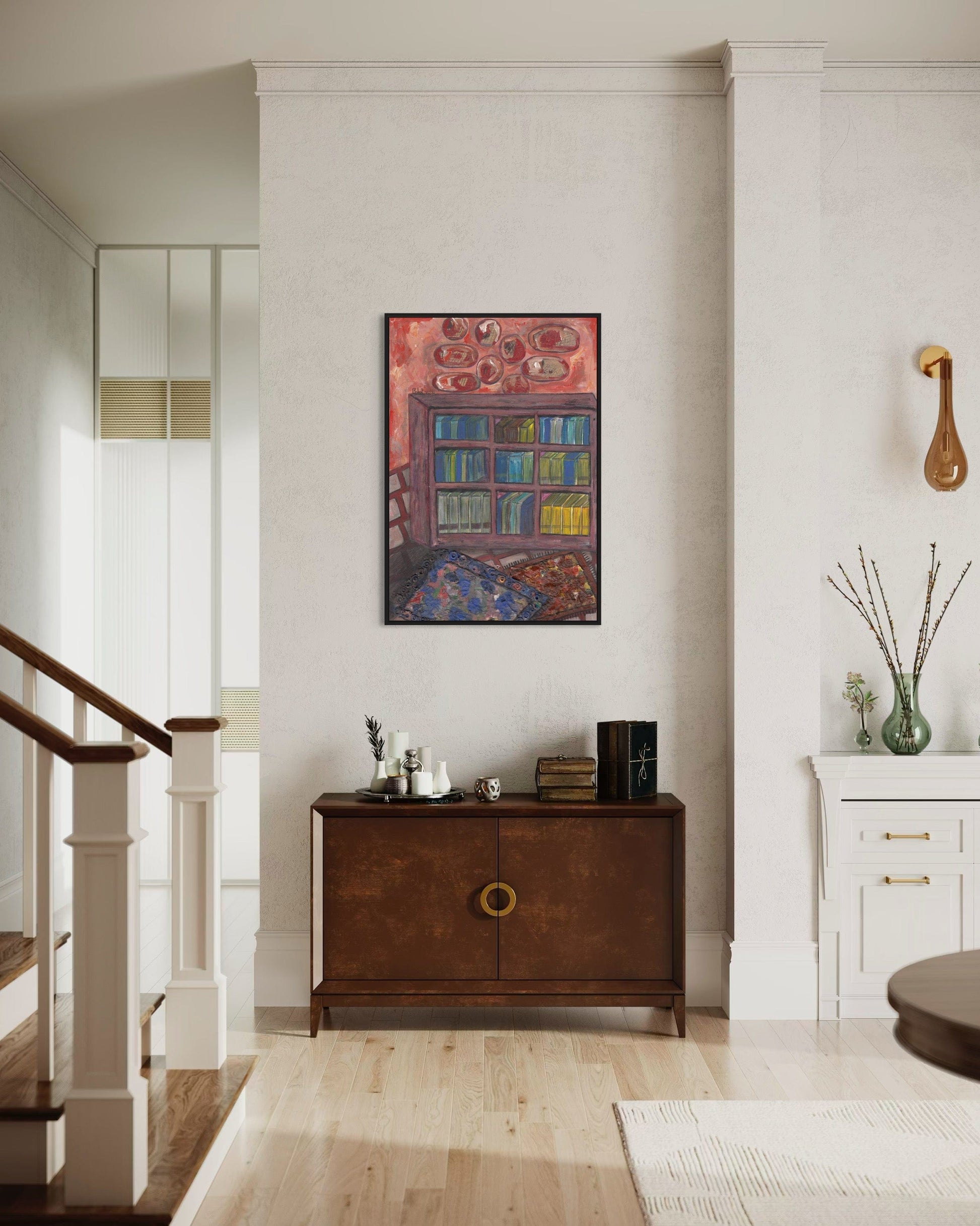 Living room with a wooden sideboard, colorful painting, and decorative items.