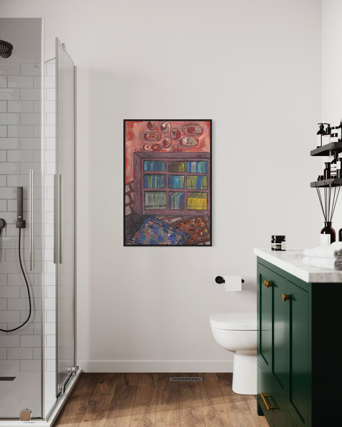 Bathroom interior with a colorful abstract painting on the wall.