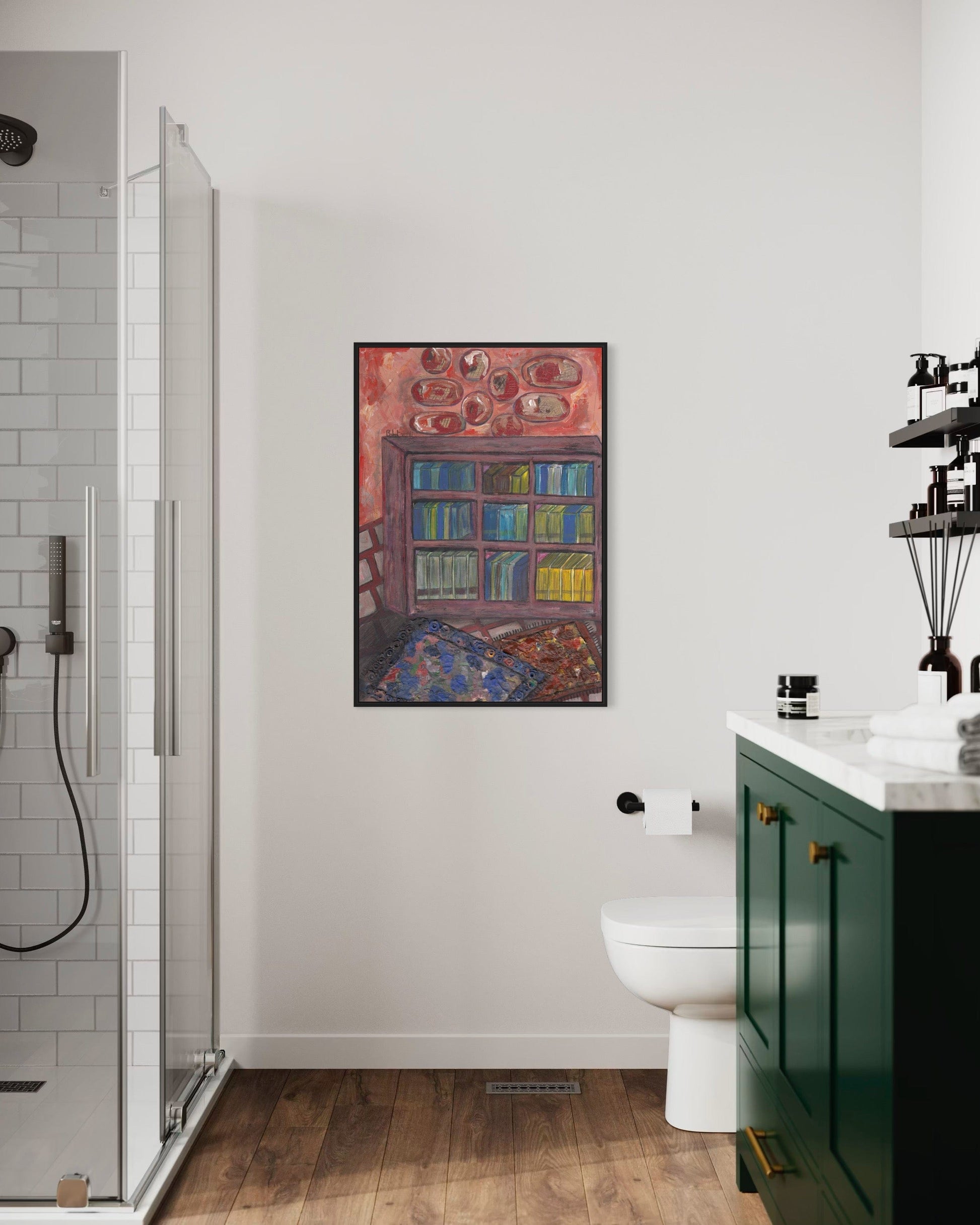 Bathroom interior with a colorful abstract painting on the wall.