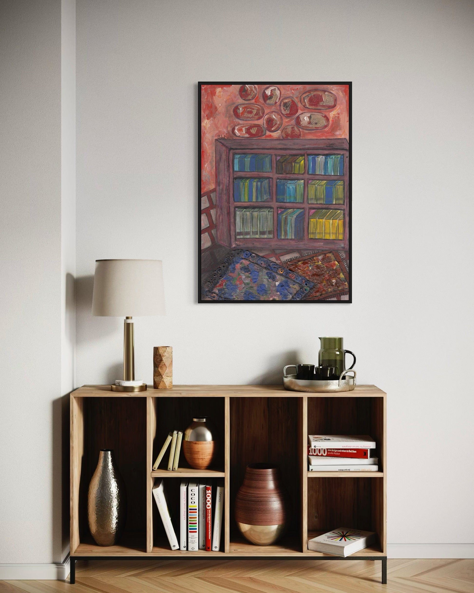 Wooden shelf with decorative items and a colorful abstract painting on the wall.