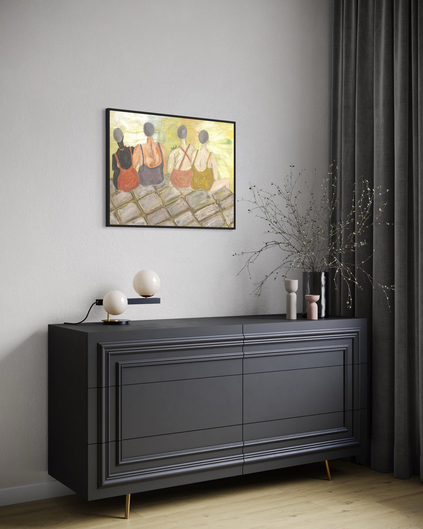 Modern interior with a dark gray sideboard, decorative items, and a framed artwork on a light gray wall.