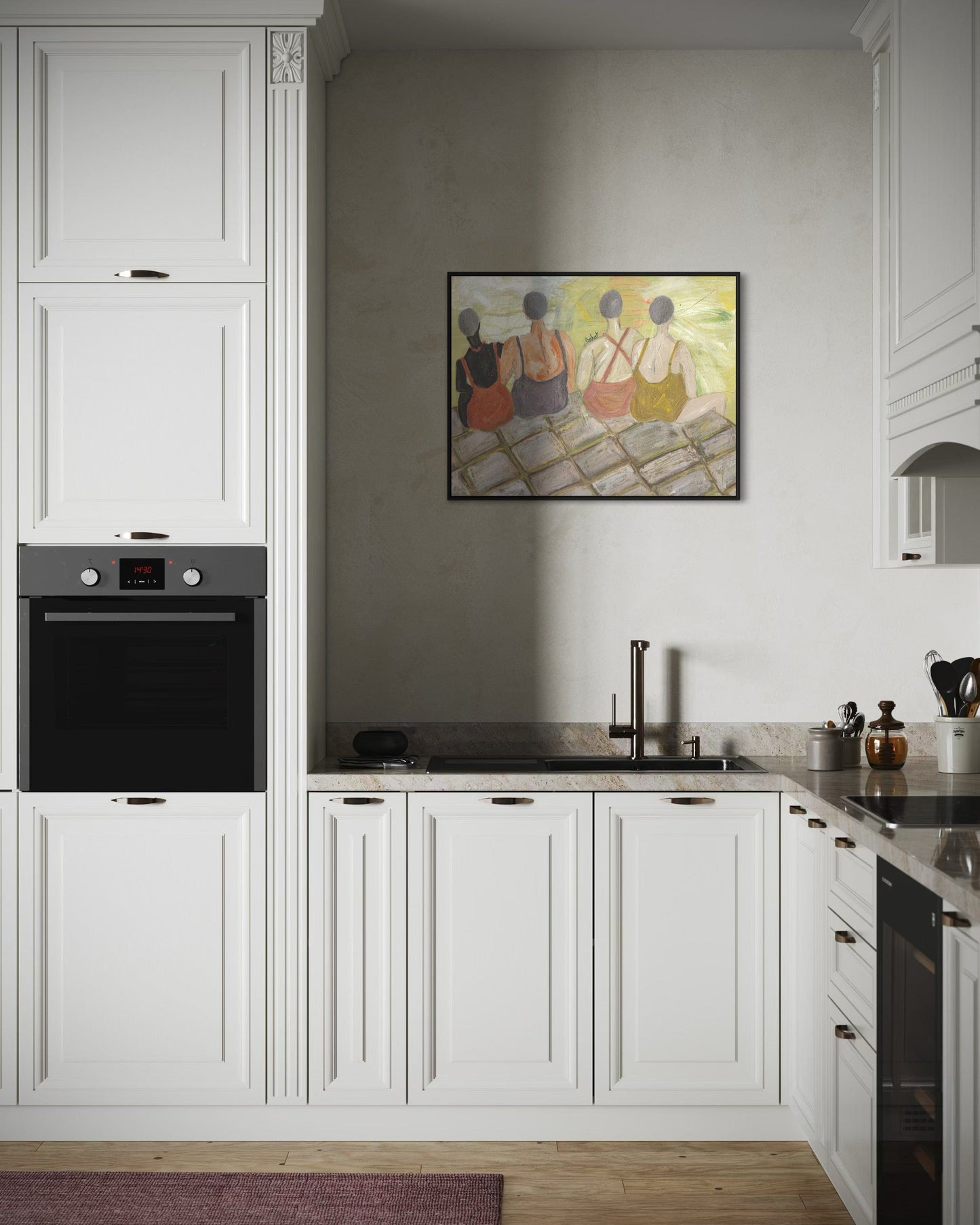 Modern kitchen with white cabinets, black appliances, and a colorful painting on the wall.