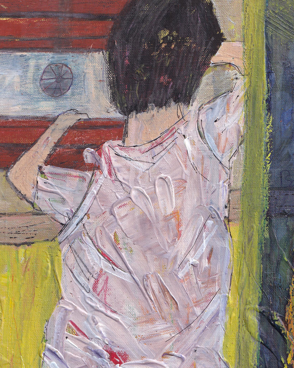 Artistic depiction of a person wearing a patterned dress in a room with green walls and a red door.