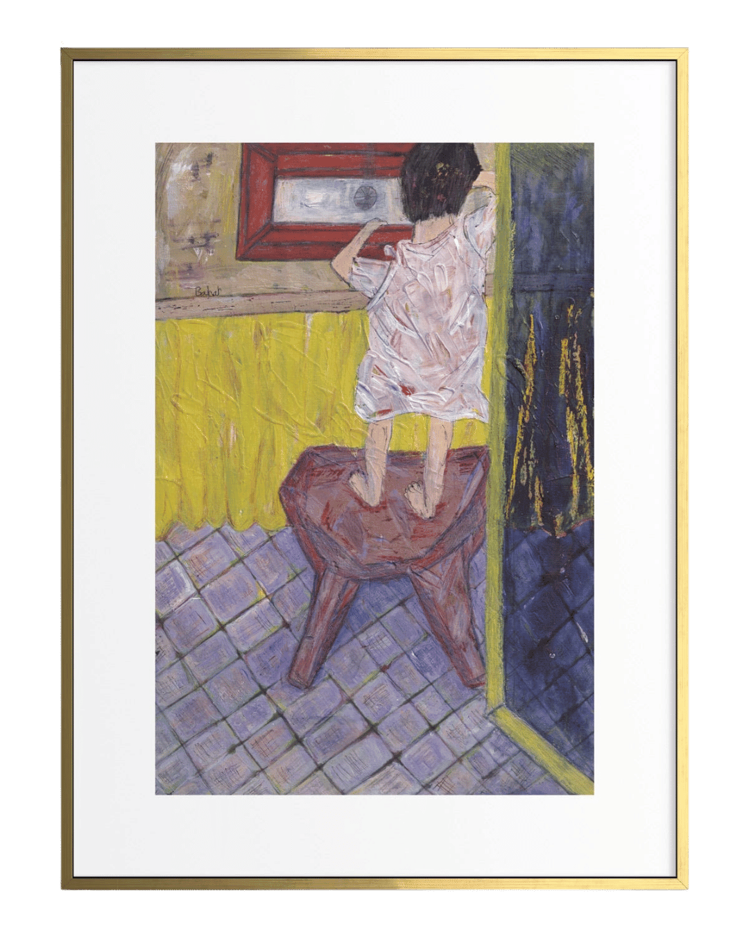 Framed artwork of a person sitting on a stool in a room with yellow walls and a mirror.