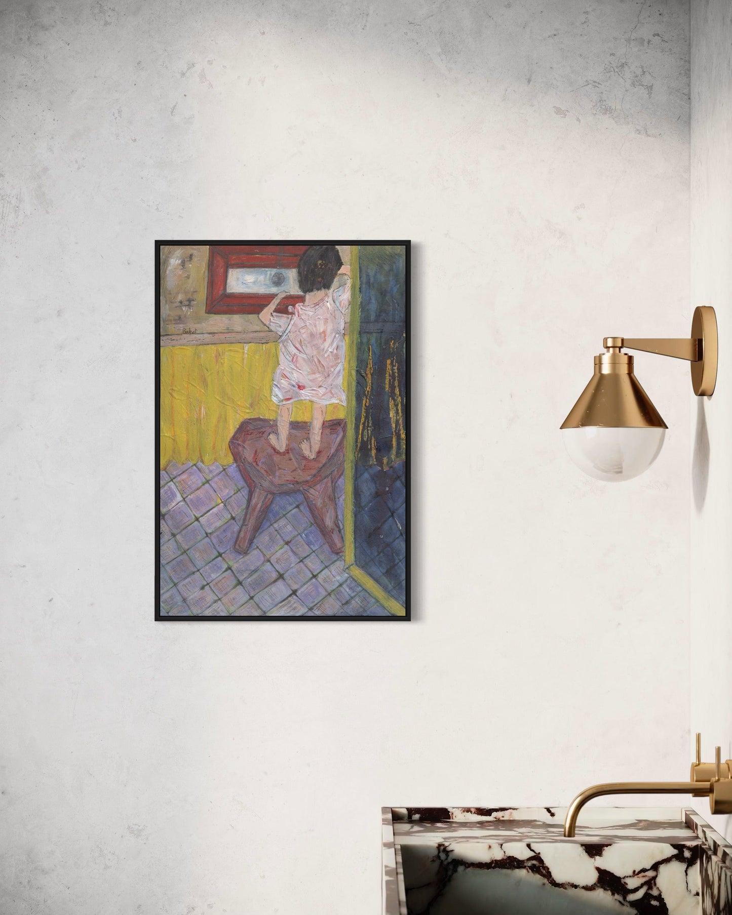 Framed artwork of a woman in a room with a lamp on a white wall.