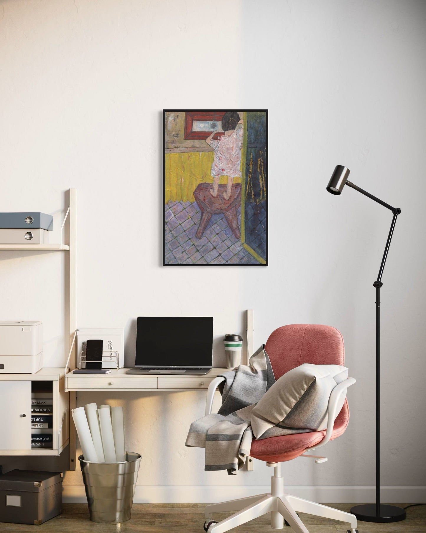 Modern home office with a desk, chair, and wall art