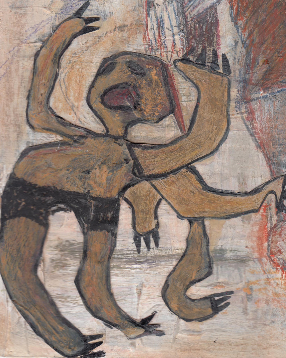 Abstract artwork of two figures in a dynamic pose on a textured background