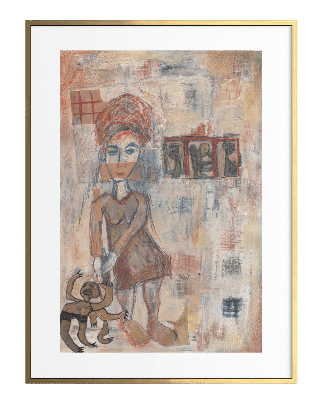 Framed abstract artwork with a central figure and text