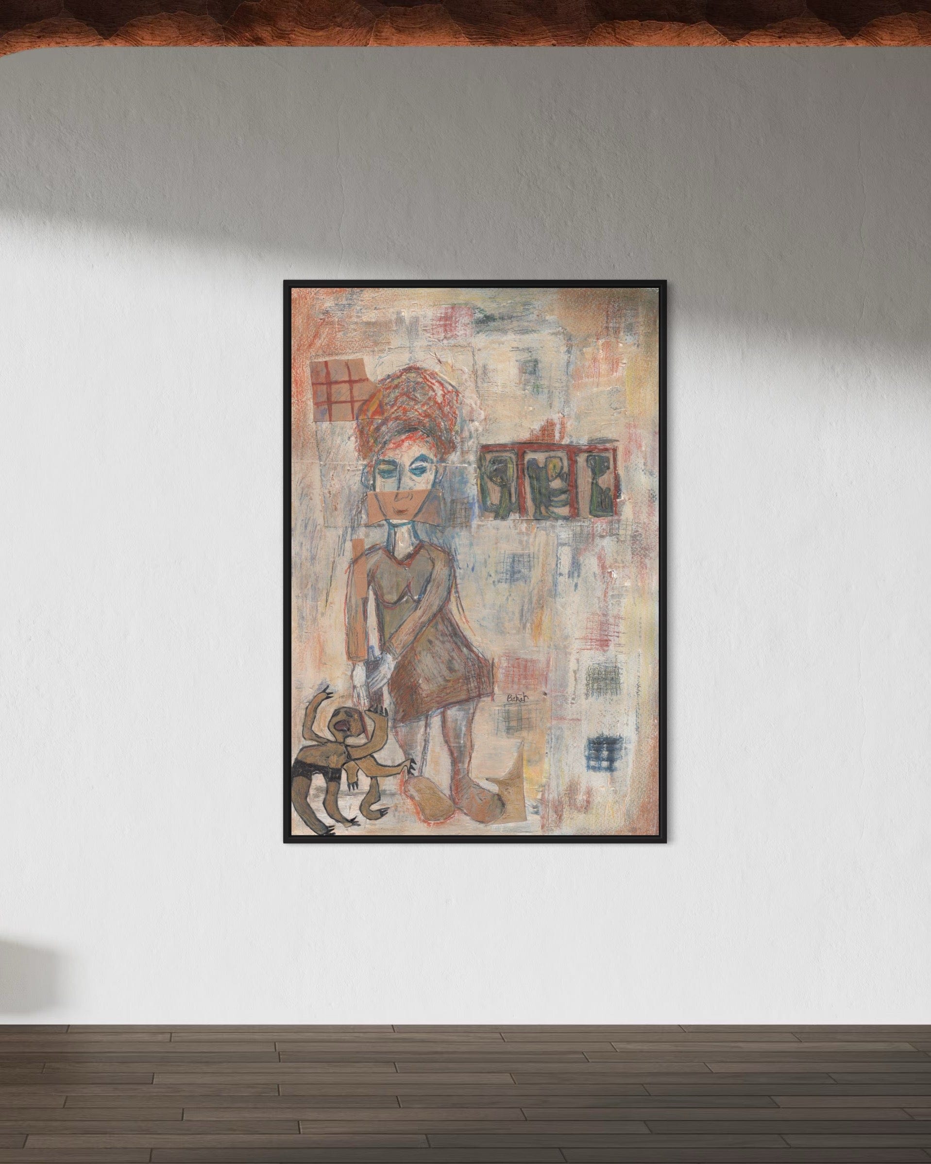 Framed abstract artwork of a woman with a dog on a white wall.