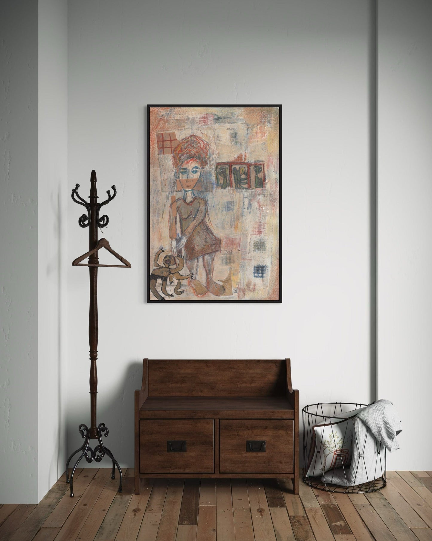 Wooden bench, coat rack, and framed artwork in a room with wooden flooring.