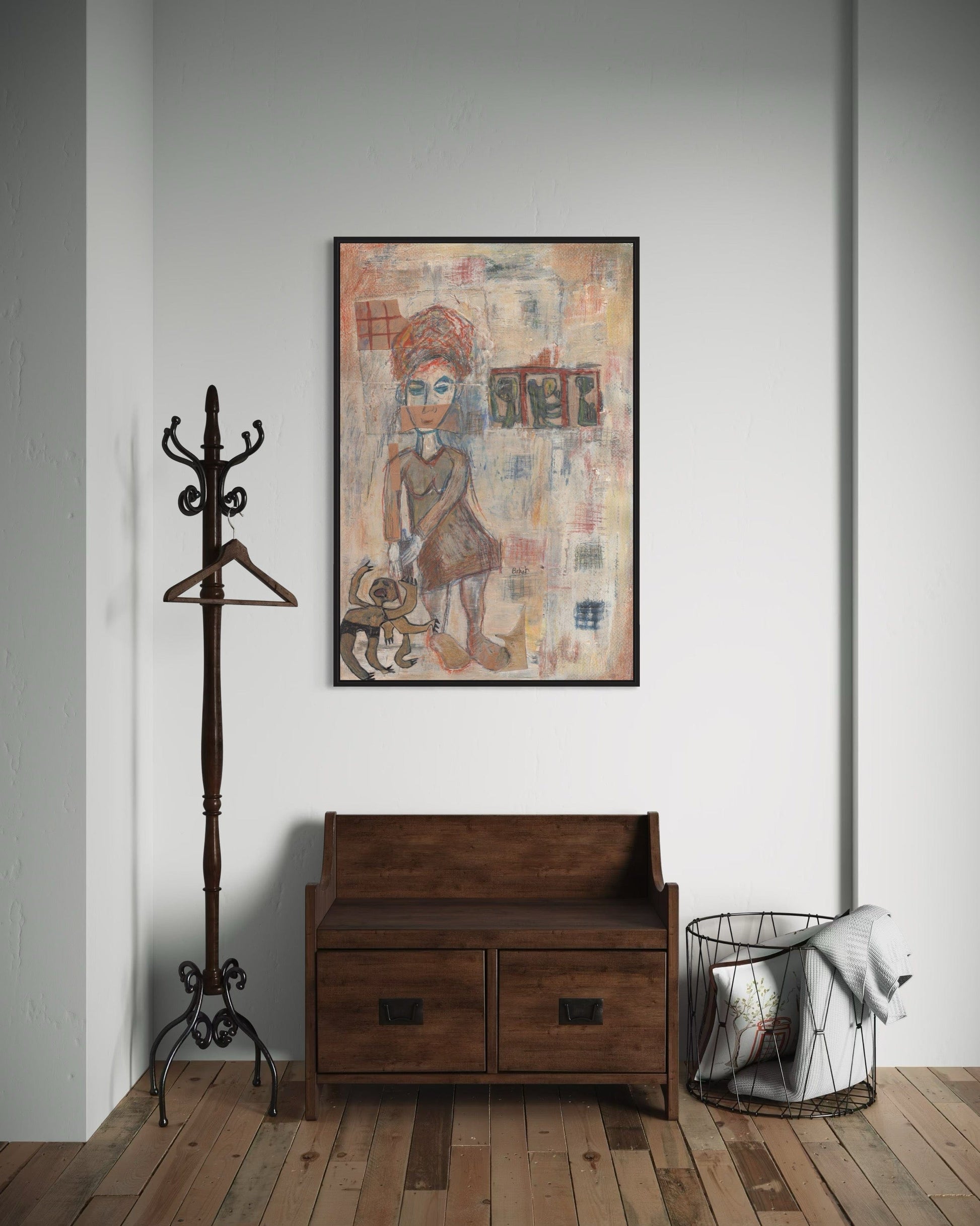 Wooden bench, coat rack, and framed artwork in a room with wooden flooring.