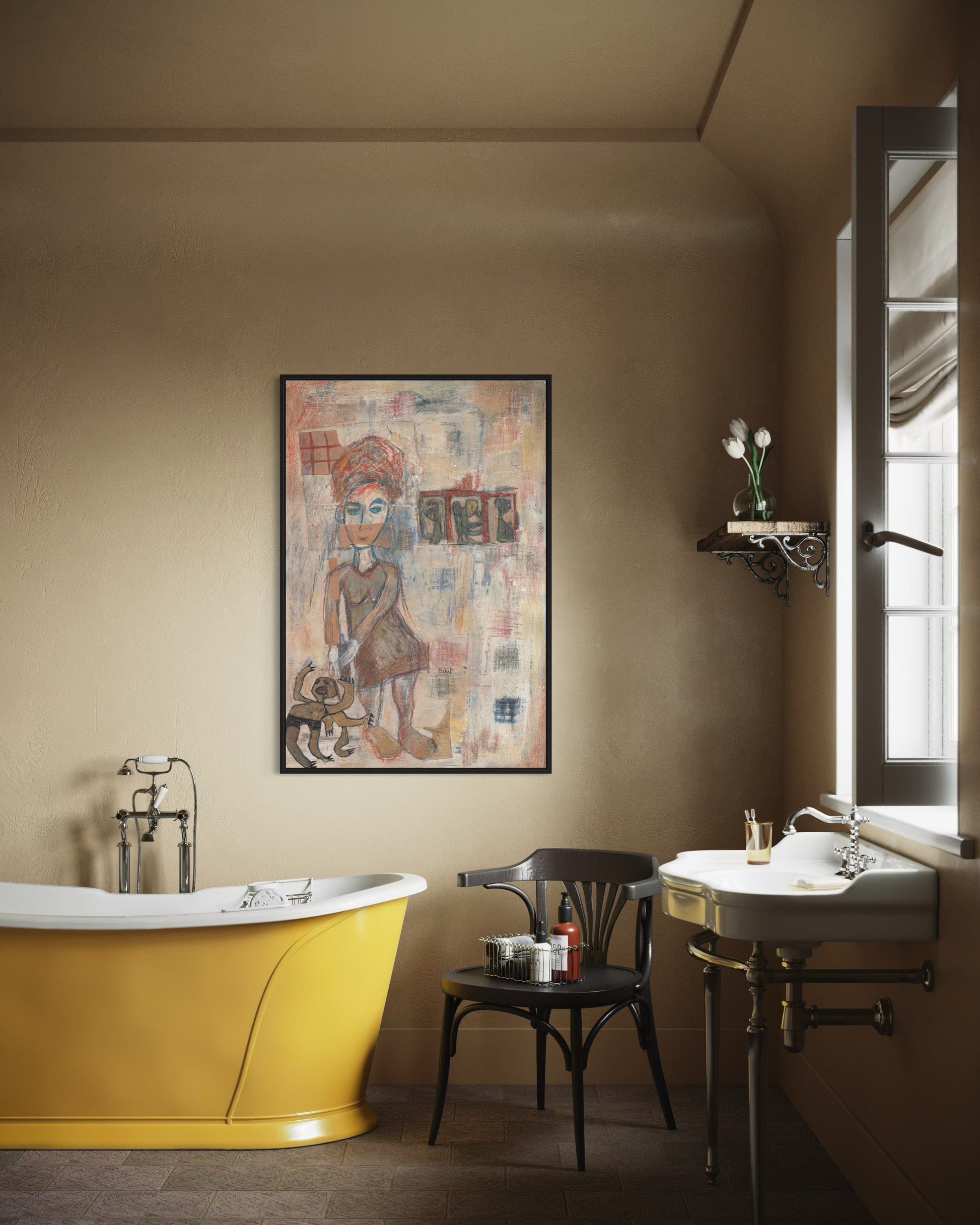 Bathroom interior with a yellow bathtub, framed artwork, and a chair.