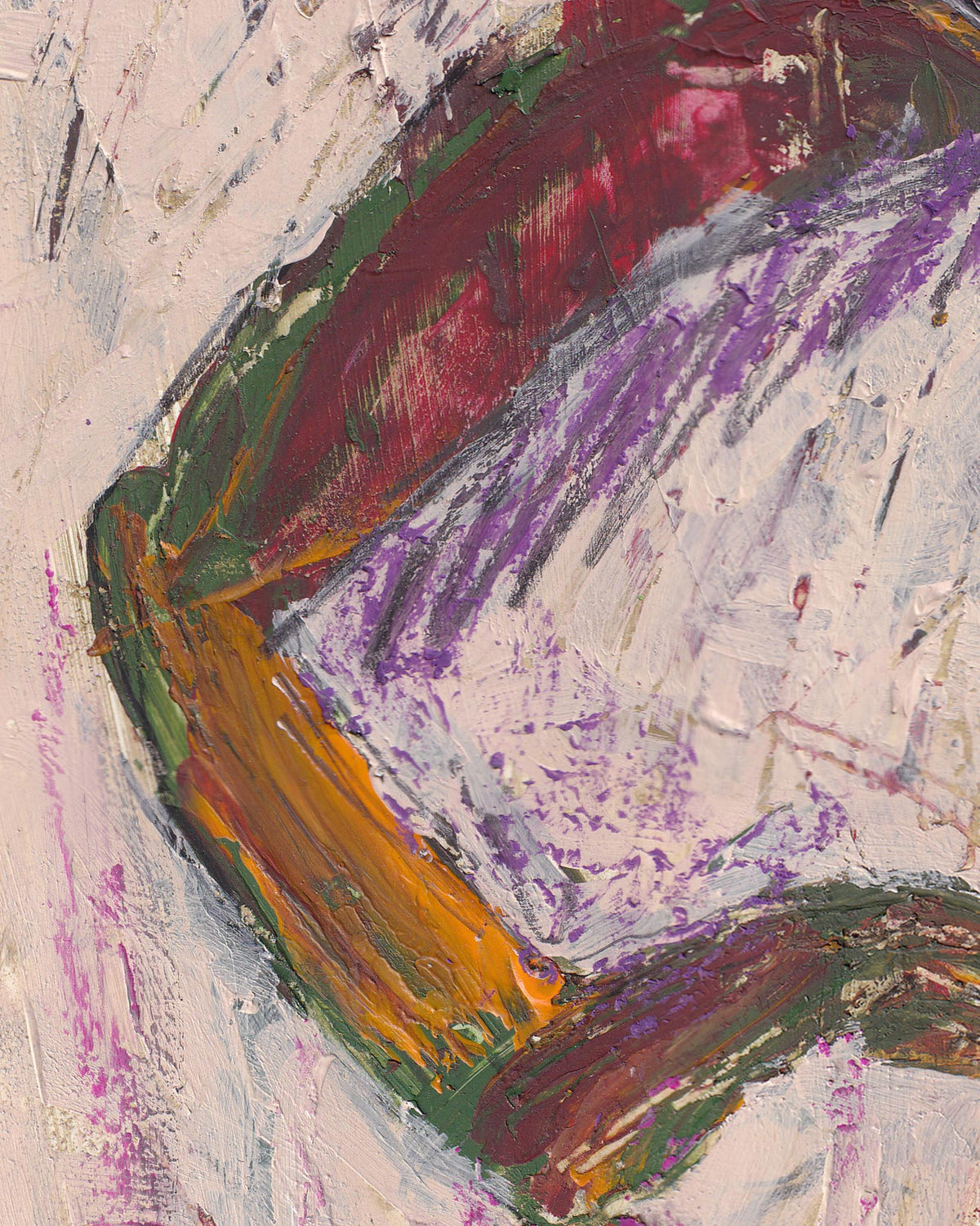 Abstract painting with bold strokes of purple, green, and orange on a textured background