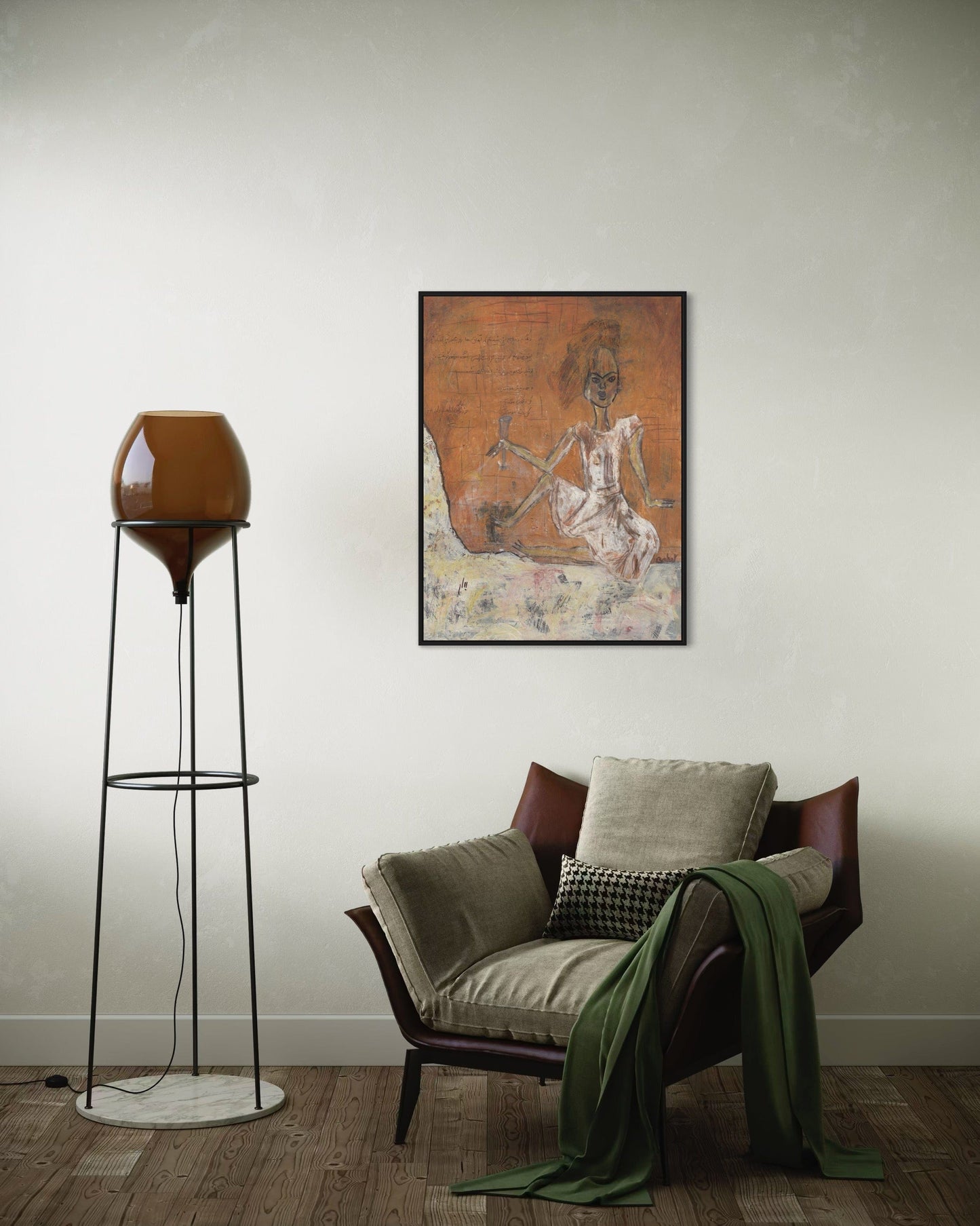 Modern interior with a chair, floor lamp, and wall art.