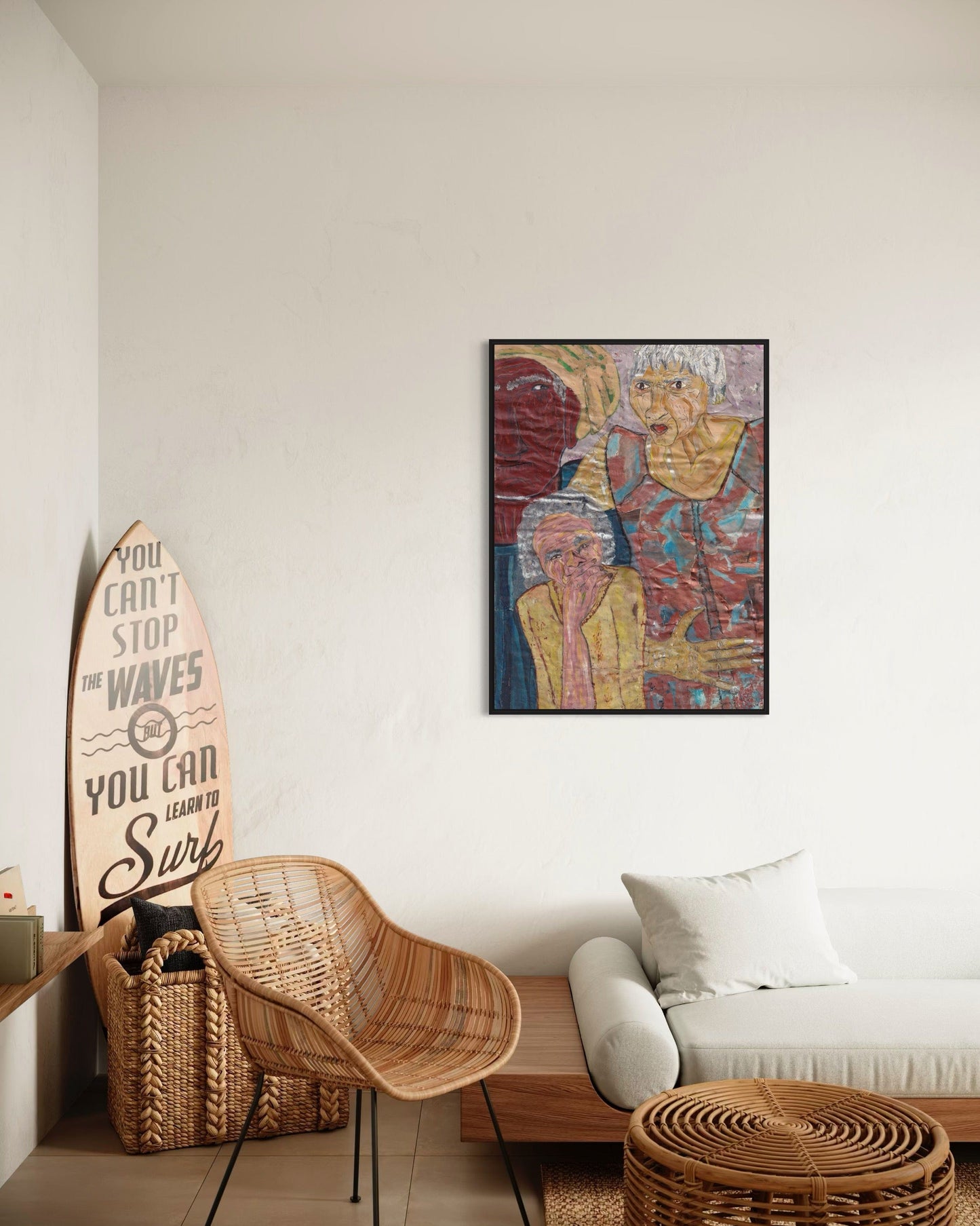 Living room with wicker chair, surfboard, and colorful abstract painting on wall.