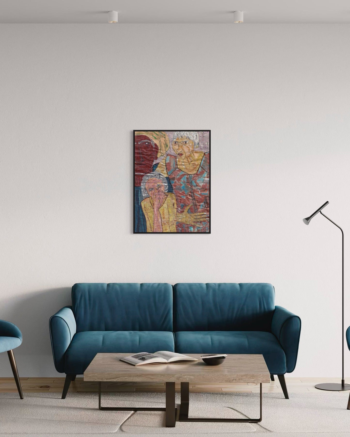Modern living room with a blue sofa, wooden coffee table, and abstract painting on the wall.