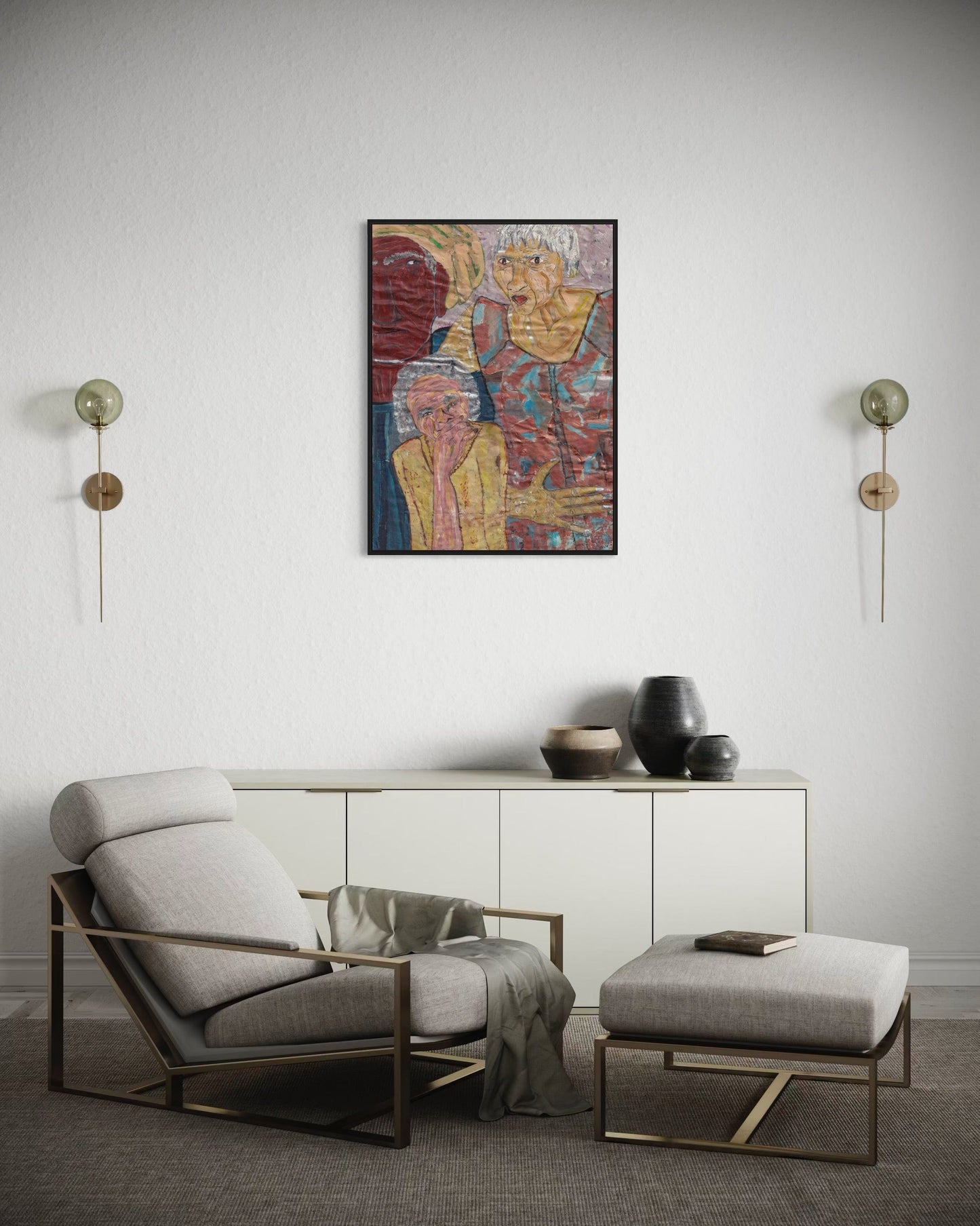 Modern living room with a gray armchair, ottoman, and a colorful abstract painting on the wall.