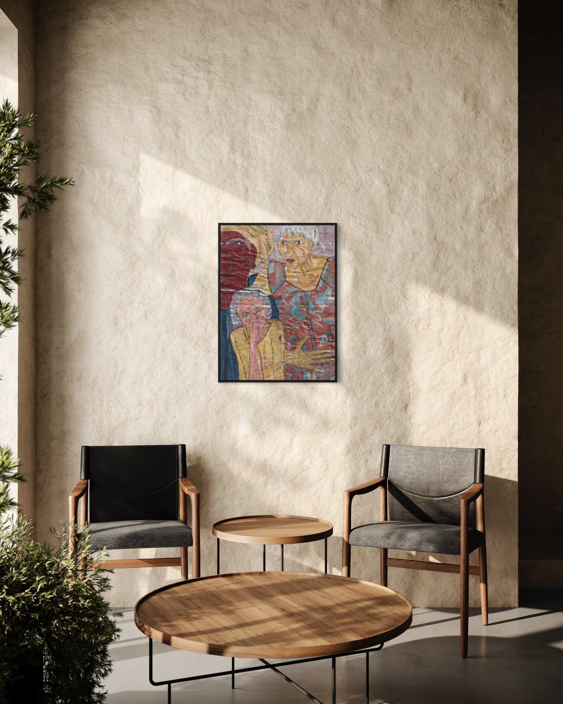 Modern living room with two chairs, a coffee table, and a colorful abstract painting on the wall.