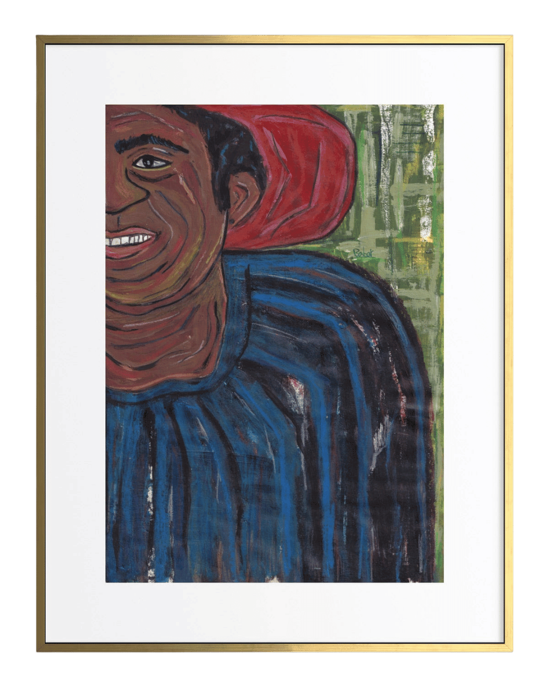 Artistic depiction of a person with a blue shirt and red hair in a gold frame.