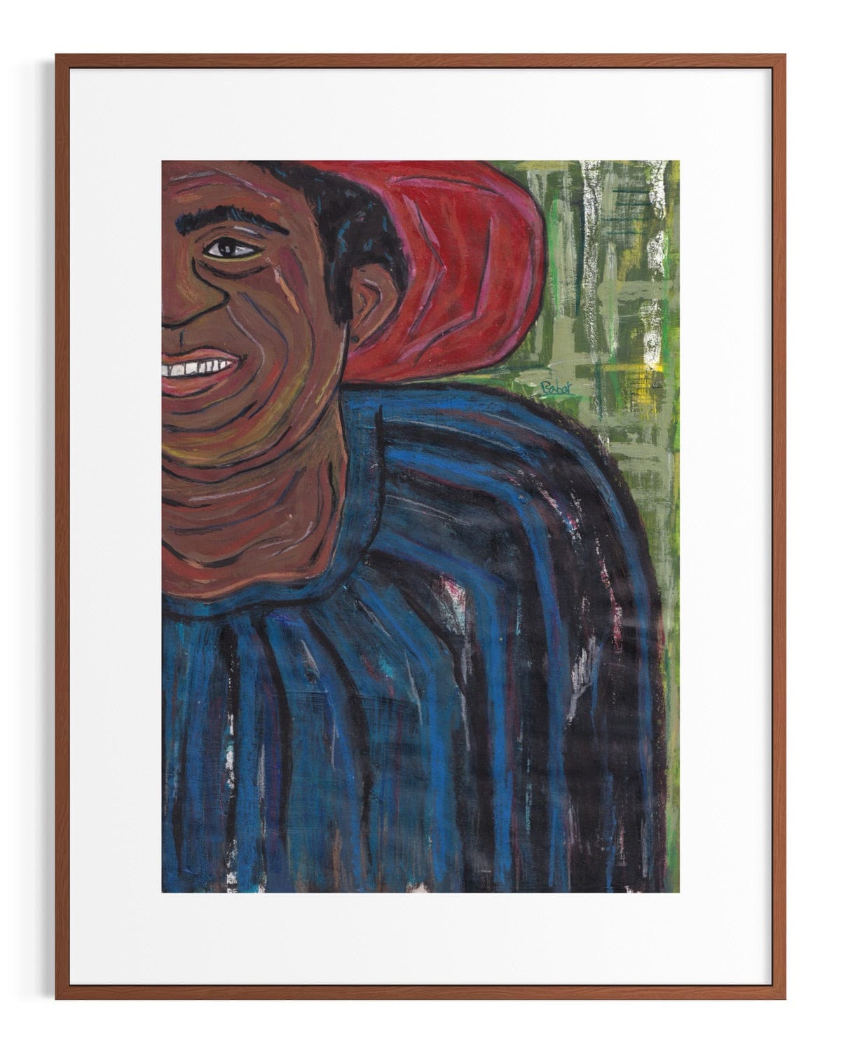 Framed artwork of a person with a blue shirt and red hair against a green background