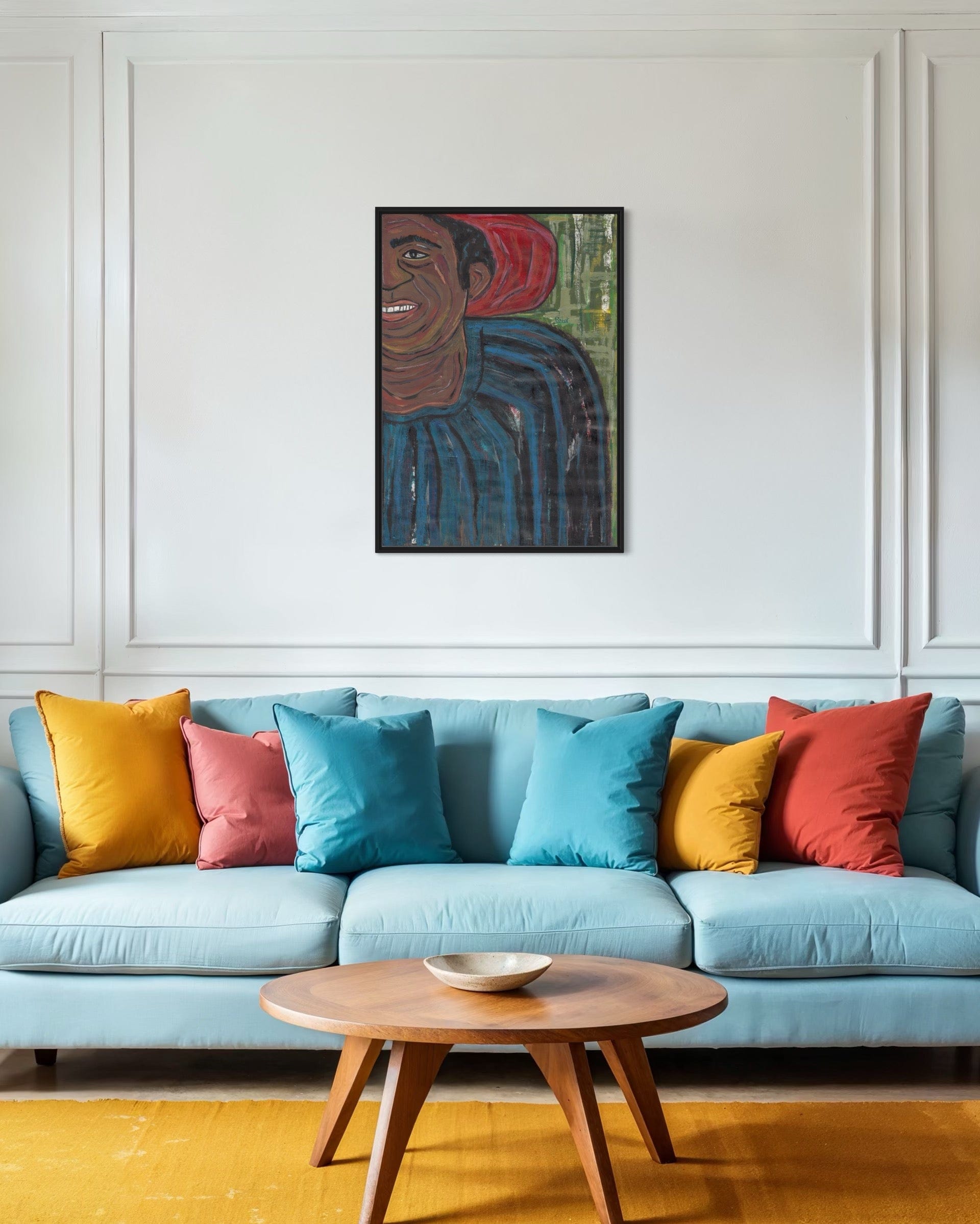 Colorful sofa with patterned cushions in a living room setting.