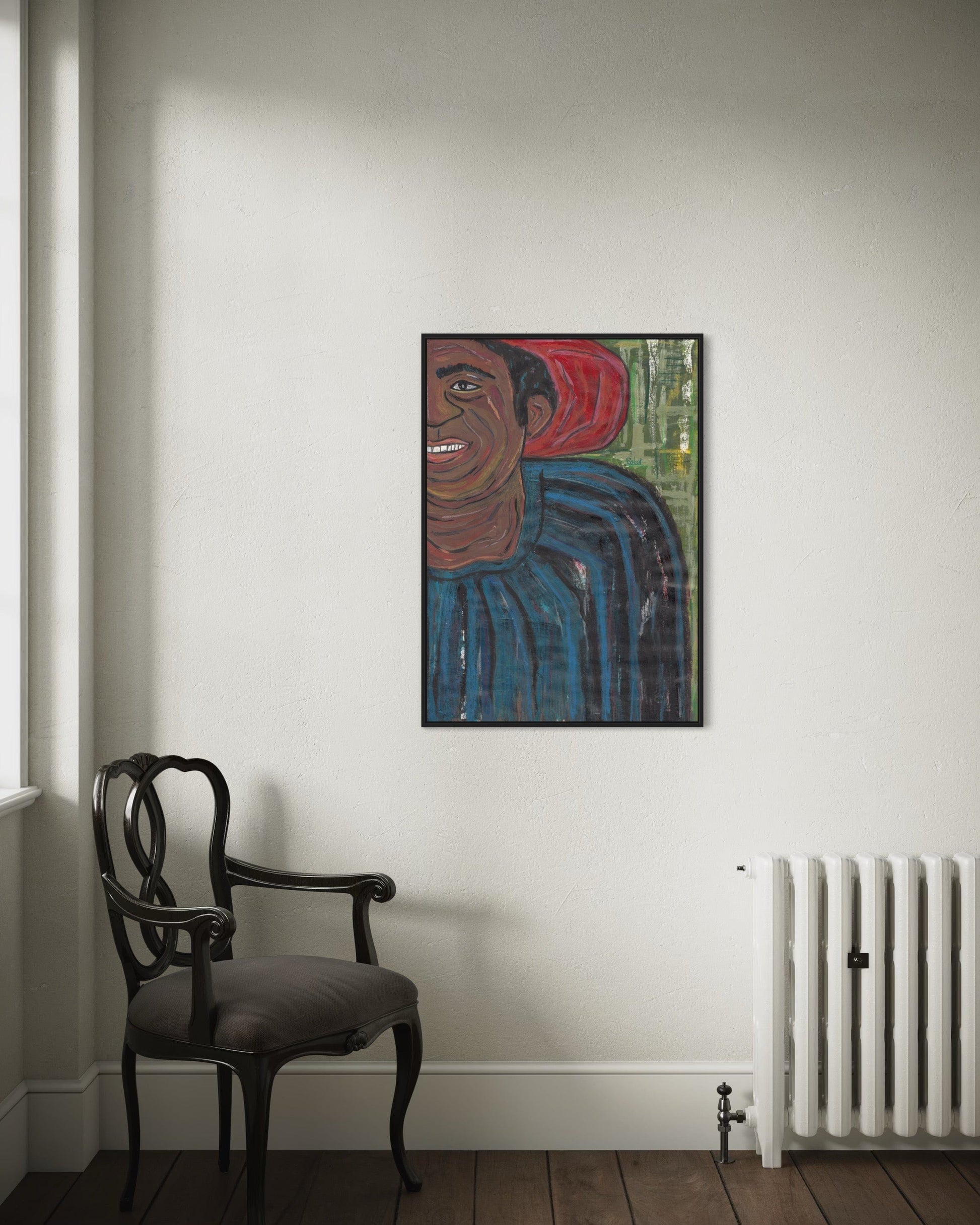 Artistic portrait of a person with a red headscarf on a white wall above a chair and radiator.