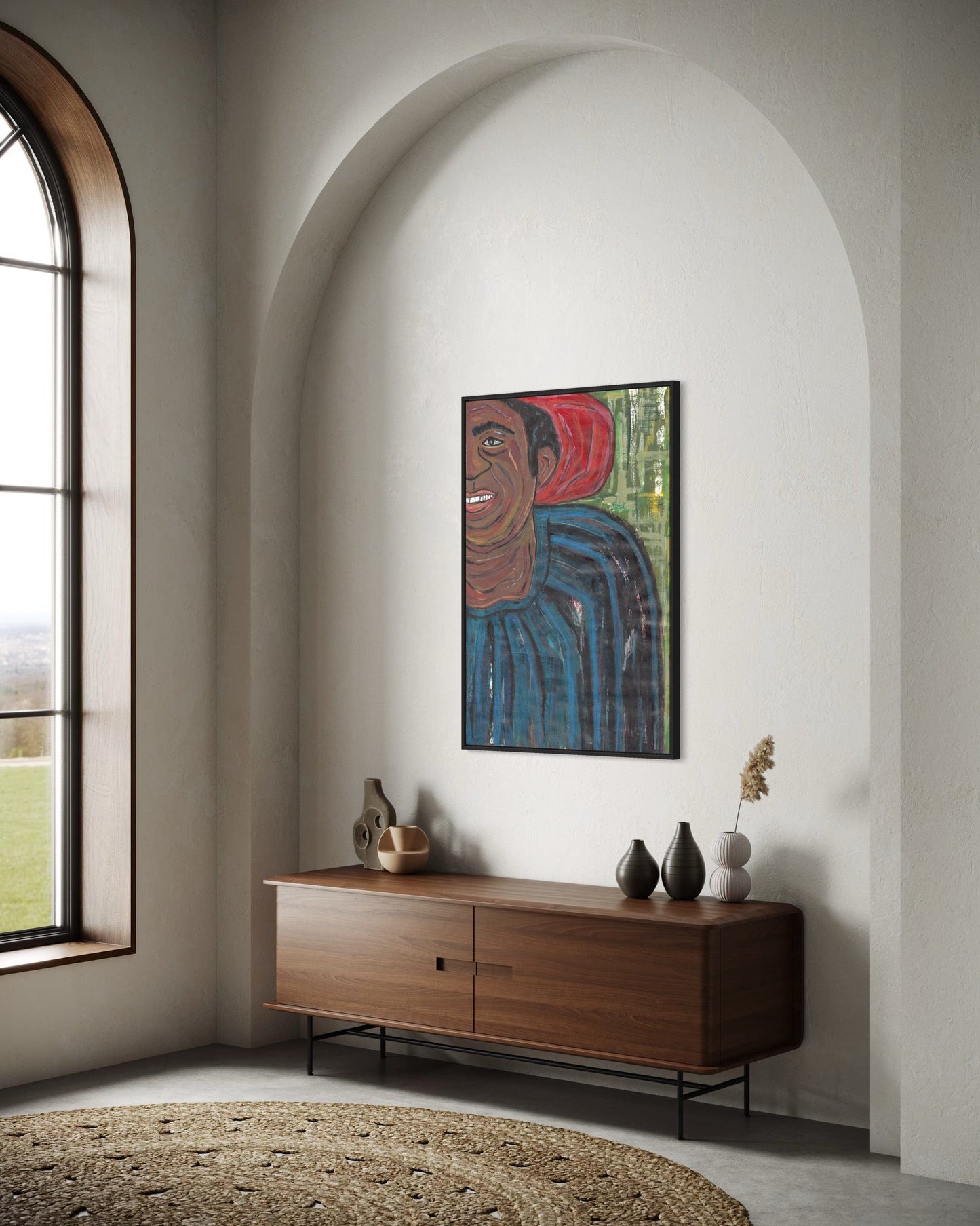 Modern interior with a wooden sideboard, decorative vases, and a colorful abstract painting on a white wall.