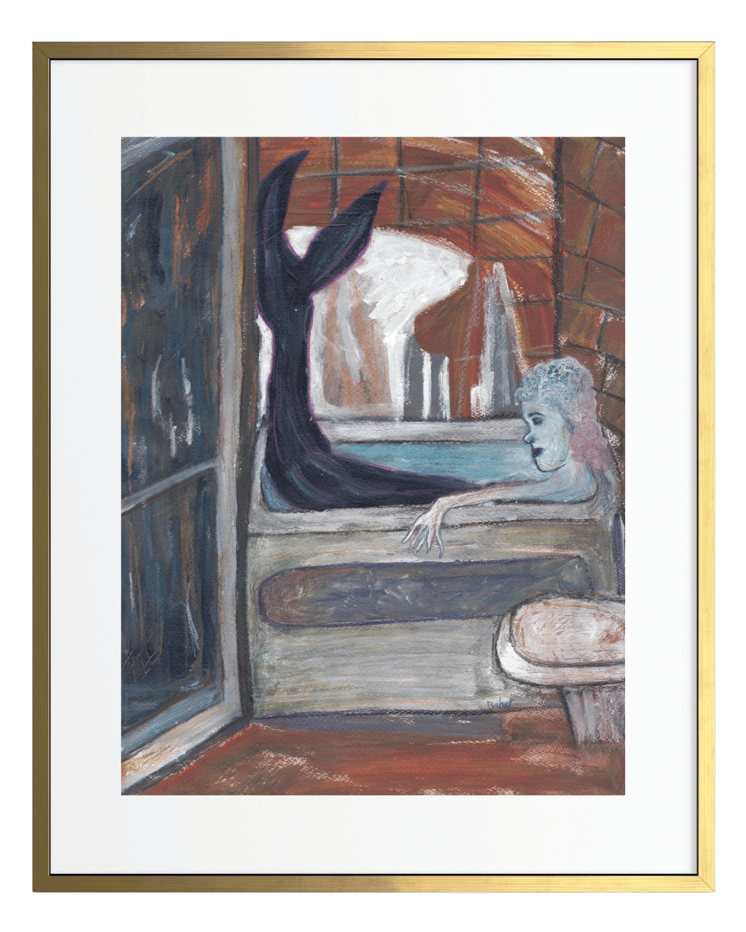Framed artwork of a mermaid in a bathtub with a window in the background
