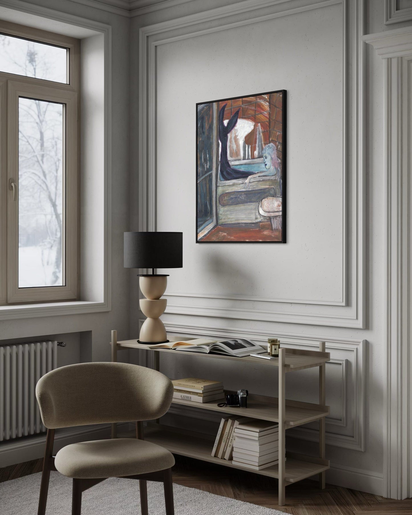Modern interior with a desk, chair, and abstract painting on a wall.