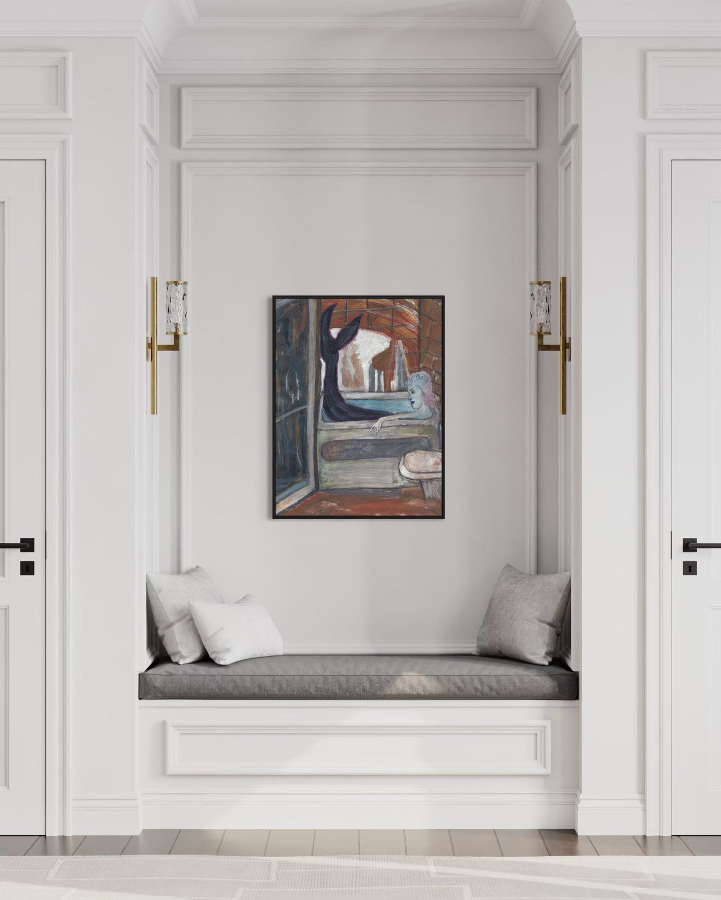 Decorative painting above a cushioned bench in a stylish interior setting.