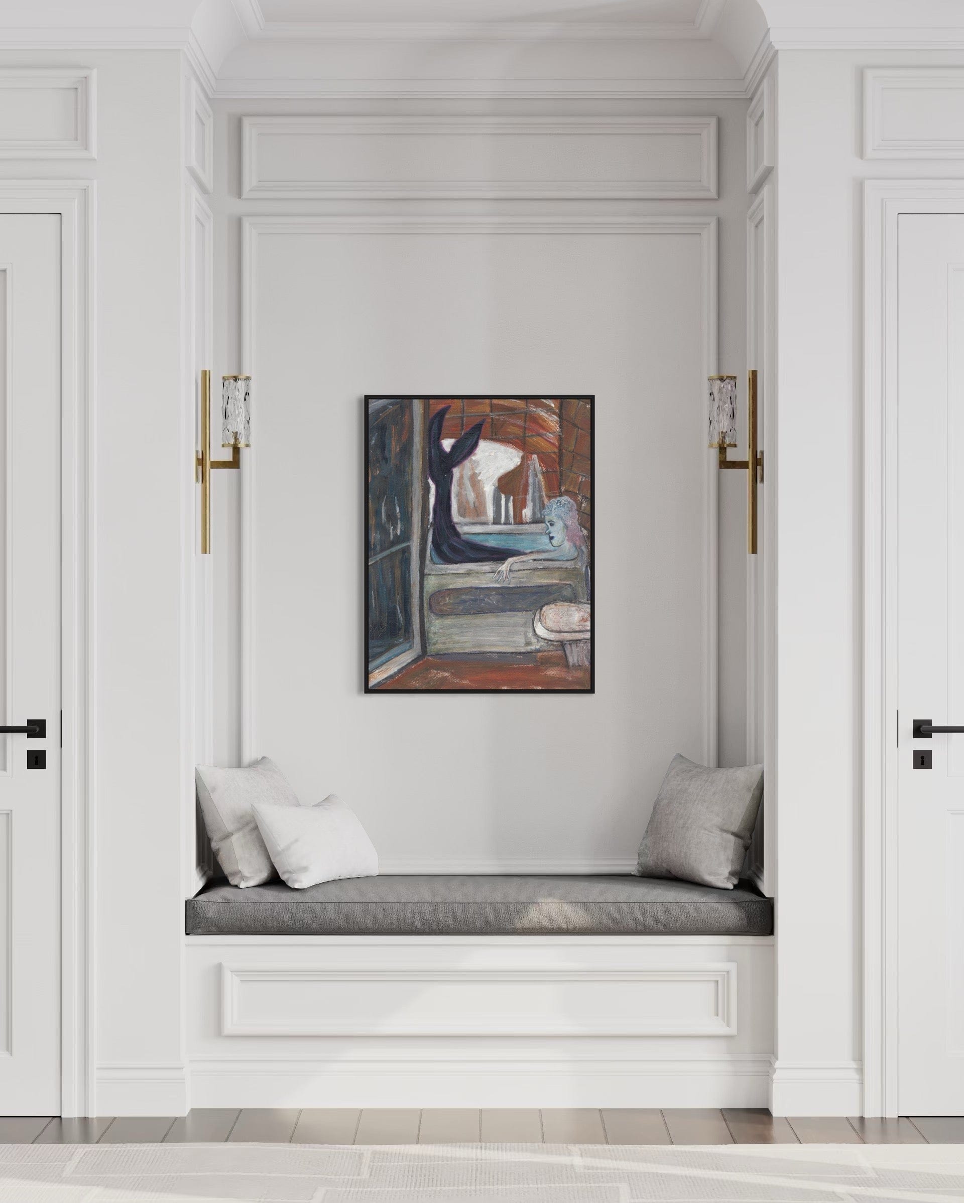 Decorative painting above a cushioned bench in a stylish interior setting.