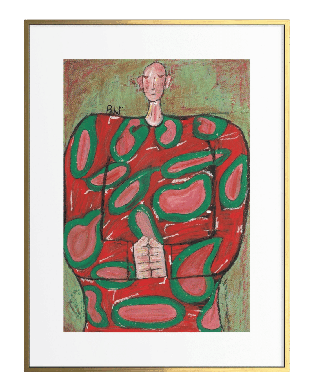 Abstract artwork of a figure with red and green patterns on a white background