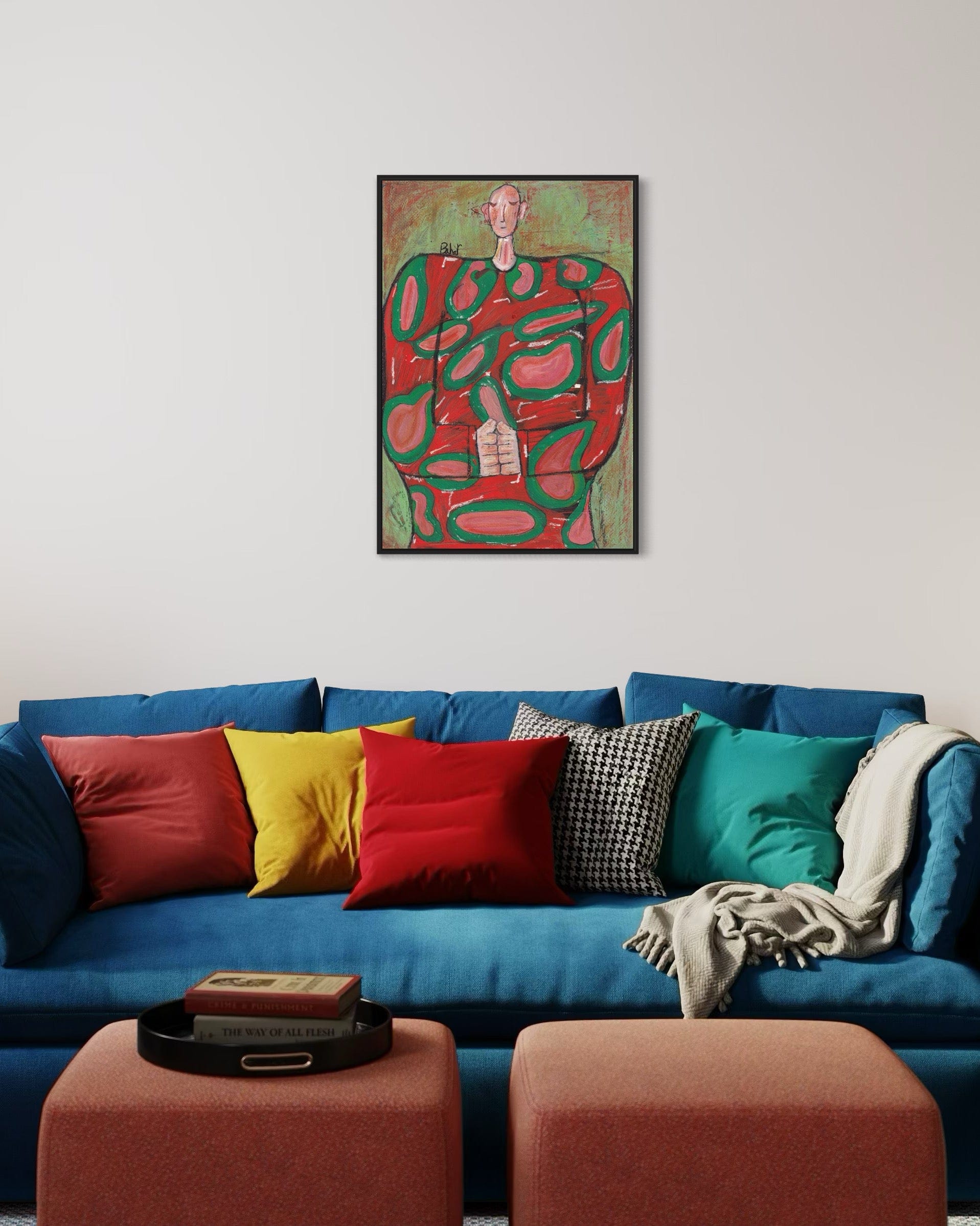 Colorful living room with a blue sofa, multicolored pillows, and a vibrant abstract painting on the wall.