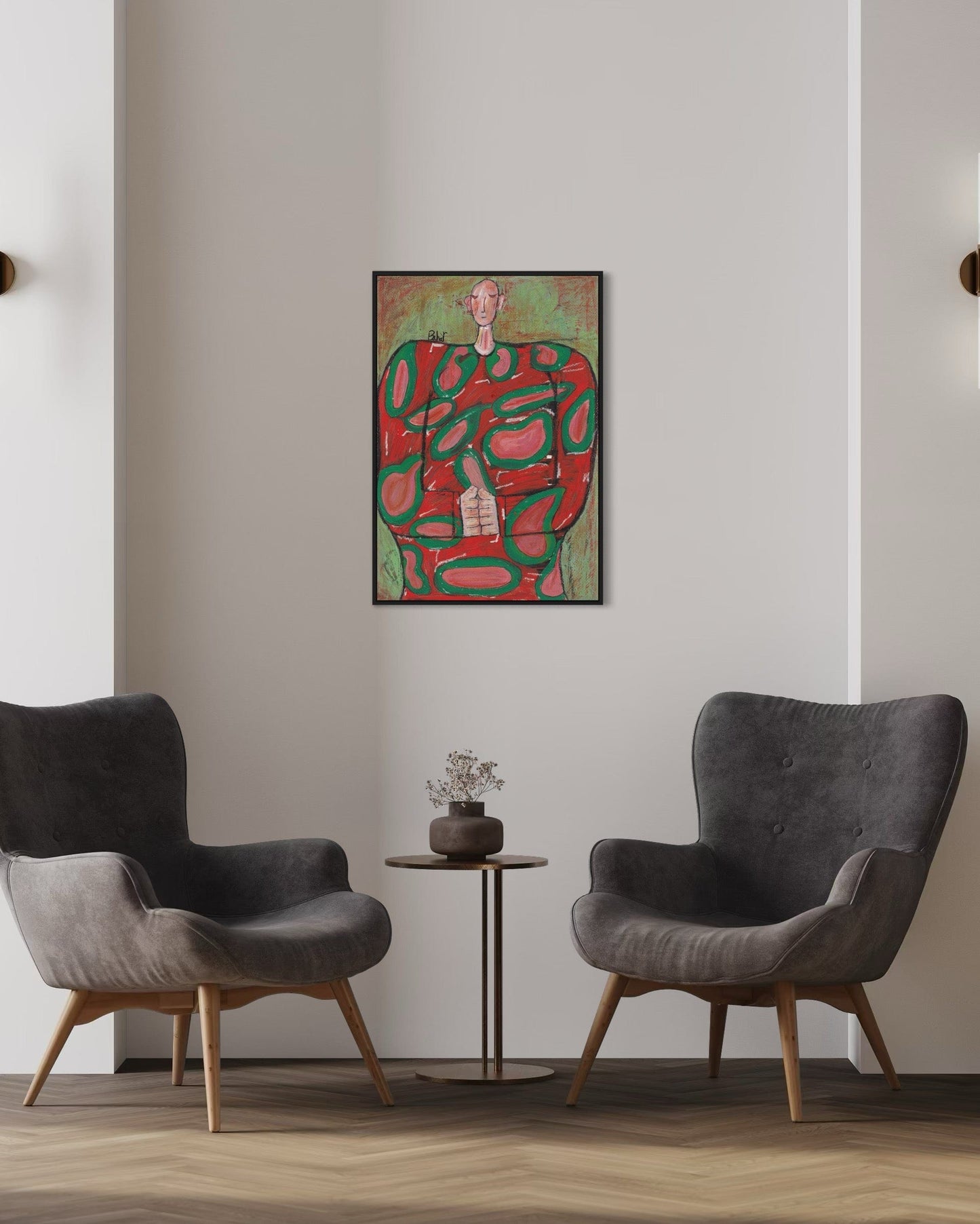 Two gray armchairs in a room with a colorful abstract painting on the wall.