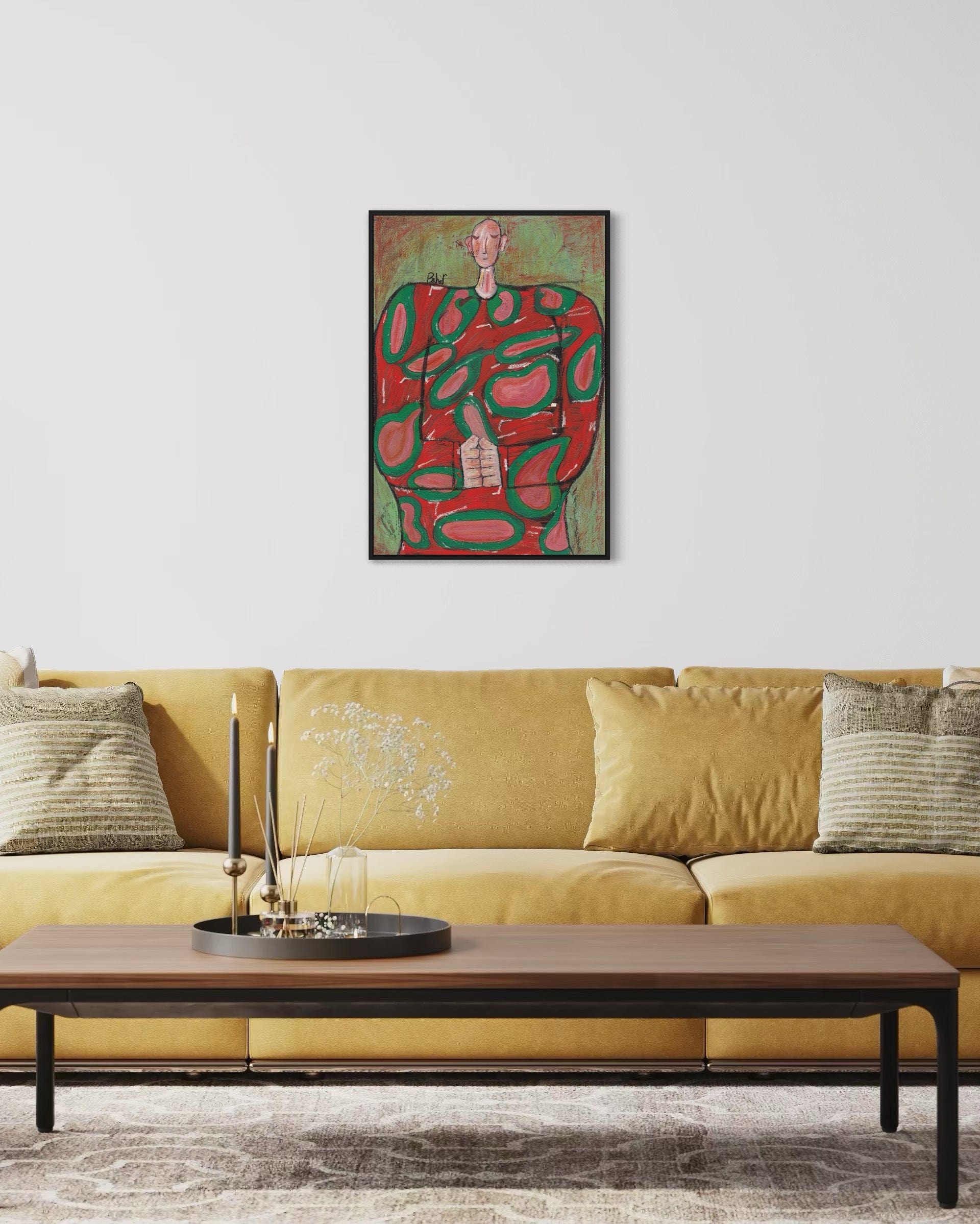 Abstract painting on a wall above a yellow sofa with a wooden coffee table.