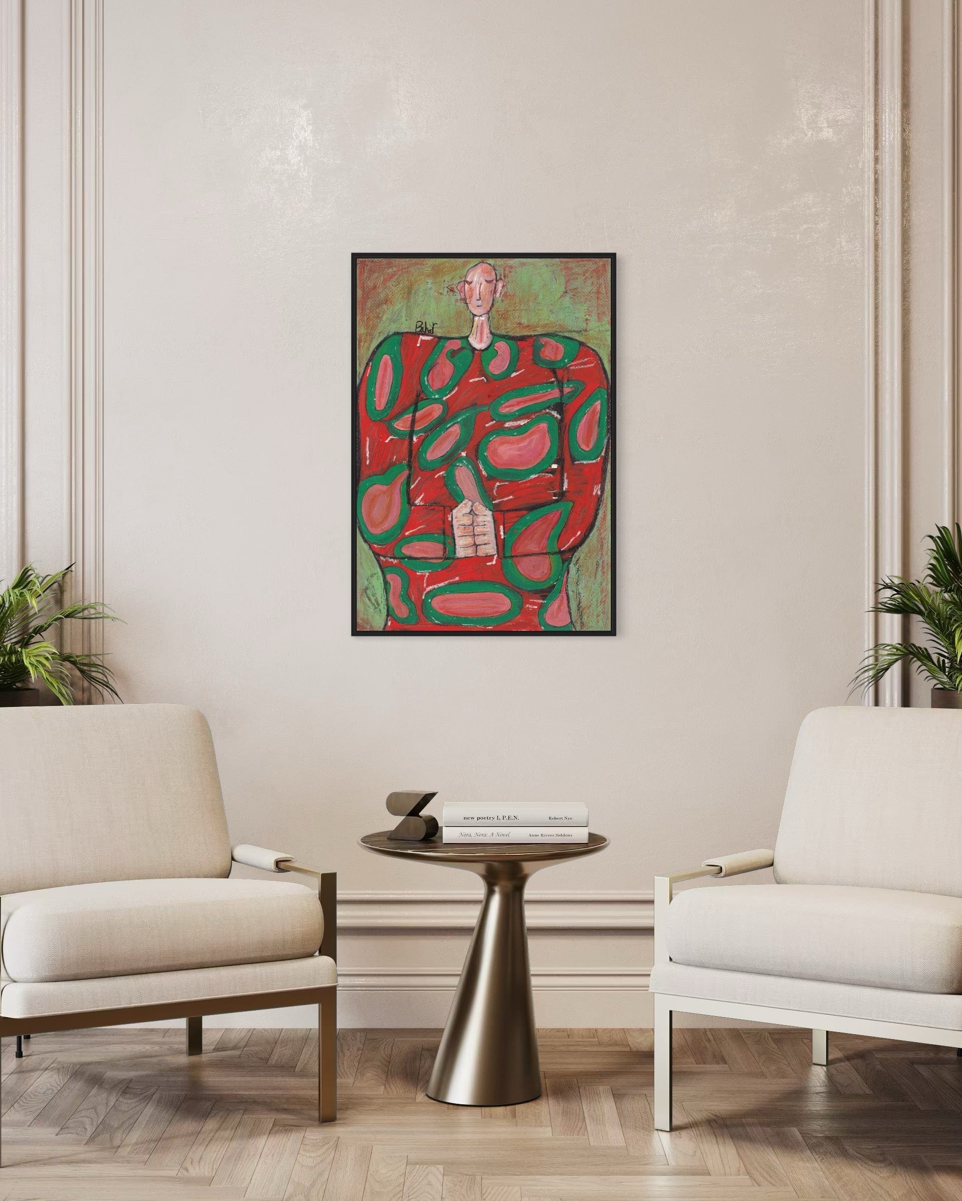 Modern living room with a abstract painting, white chairs, and a small table.