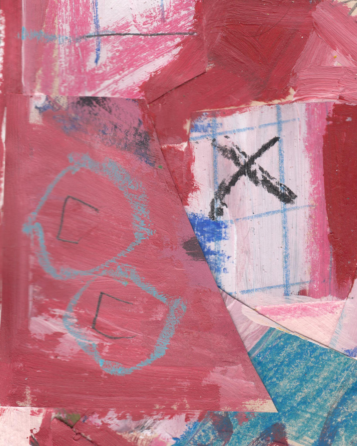Collage of colorful abstract art with red, blue, and white.