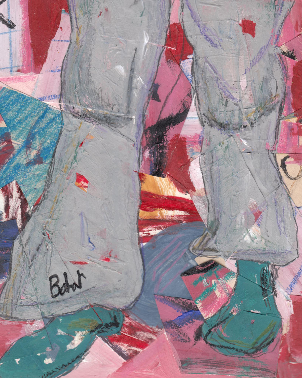 Collage of a person wearing overalls with colorful abstract background