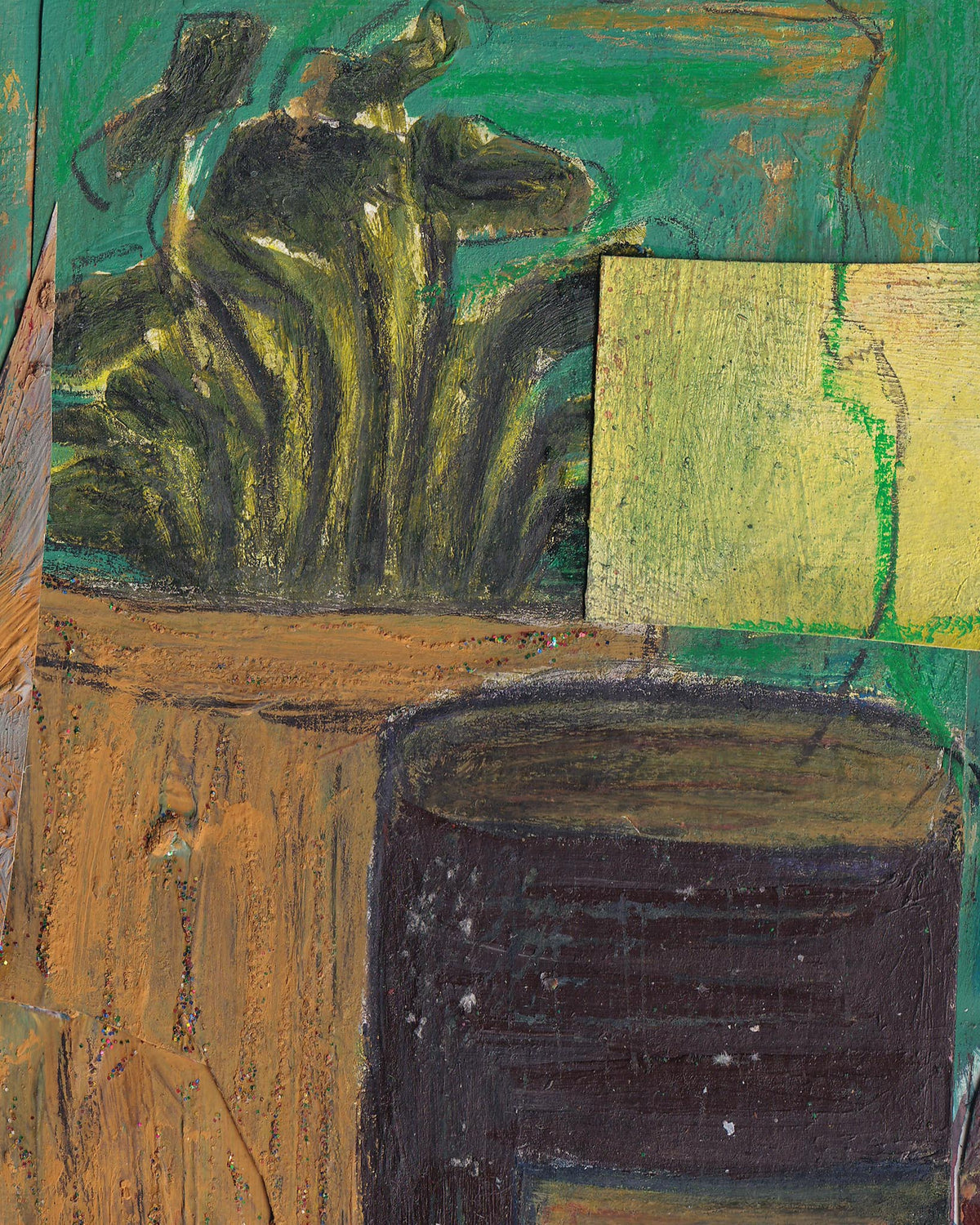 Abstract painting of a vase and cabinet with green and brown tones