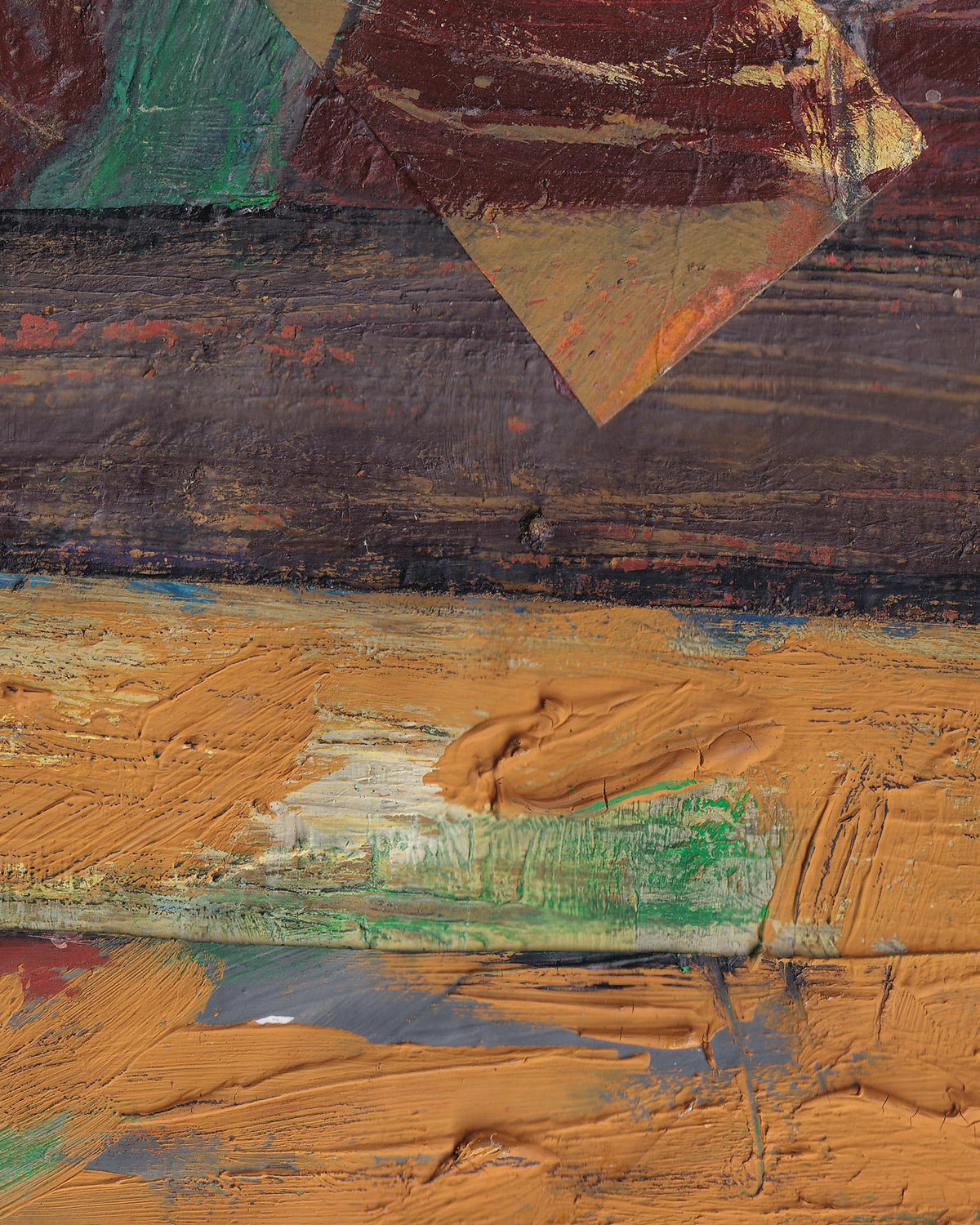 Close-up of an abstract painting with textured brushstrokes in brown, green, and red.