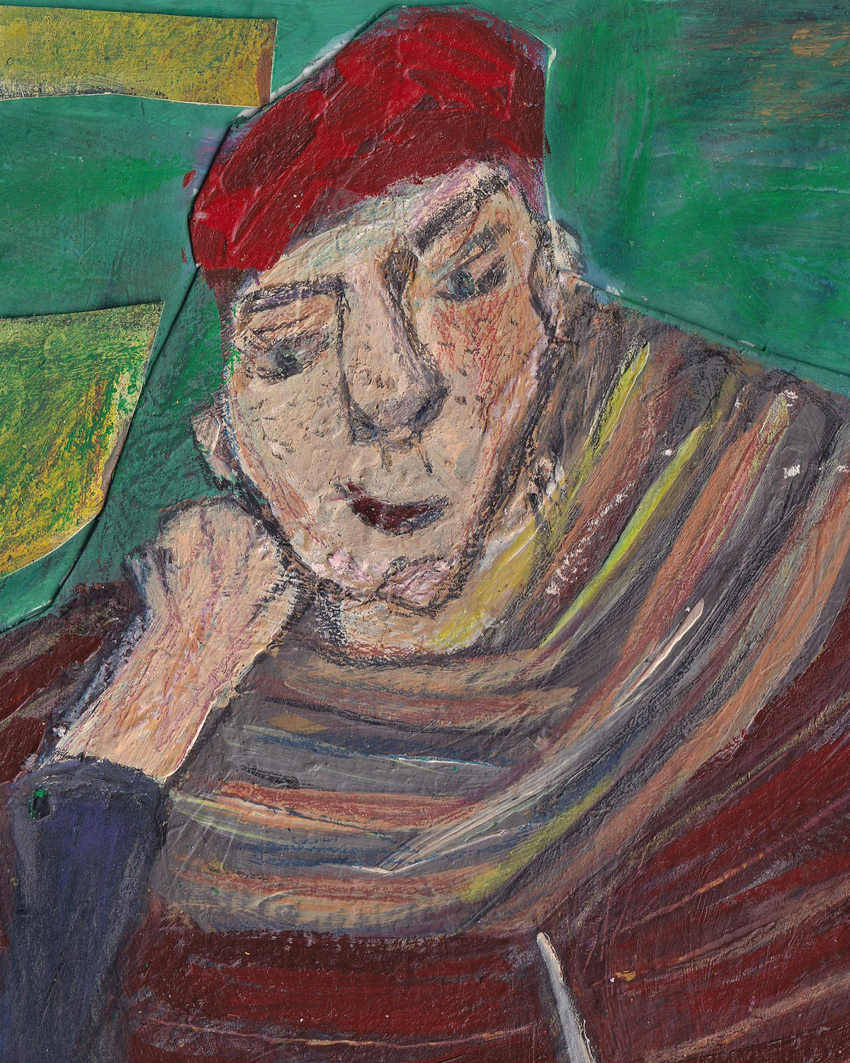Artistic depiction of a person wearing a red cap with abstract background