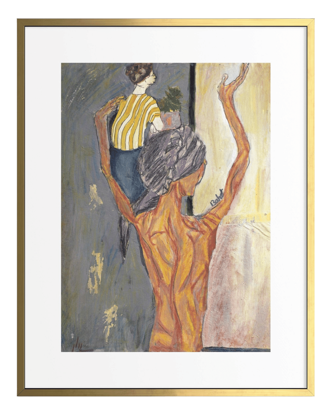 Framed artwork of a woman with a child on her shoulders, set against a colorful background.