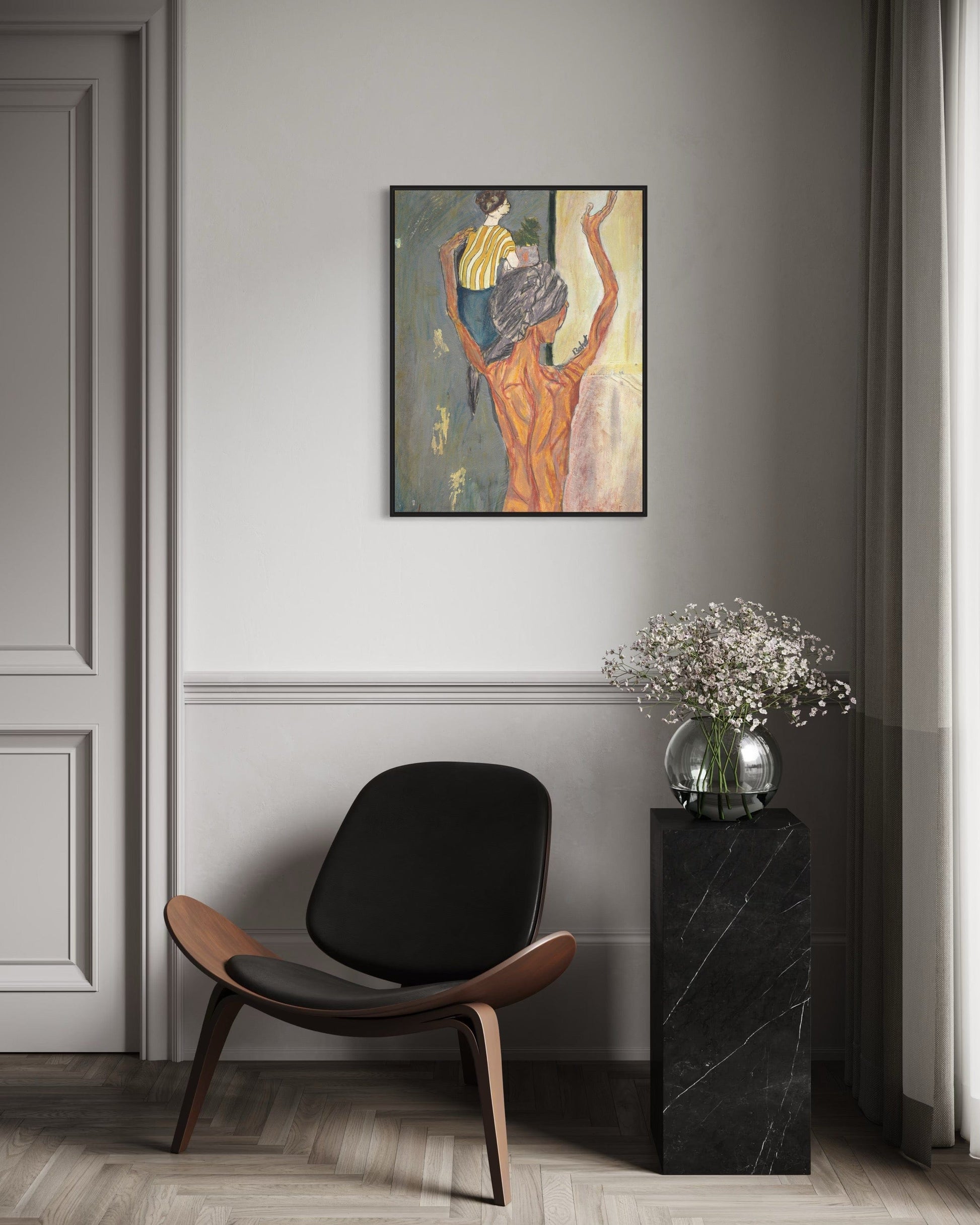 Modern interior with a black chair, marble side table, and abstract painting on a gray wall.