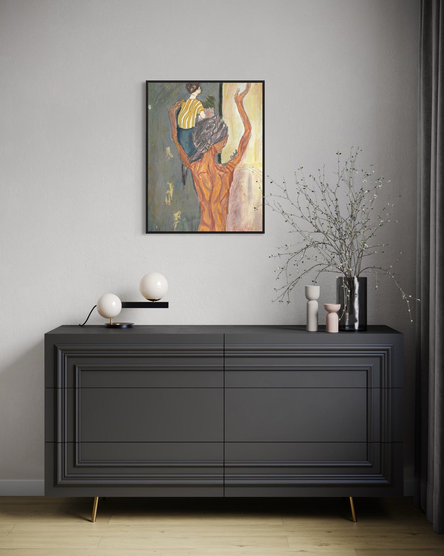 Modern interior with a black dresser, decorative items, and a piece of abstract art on the wall.