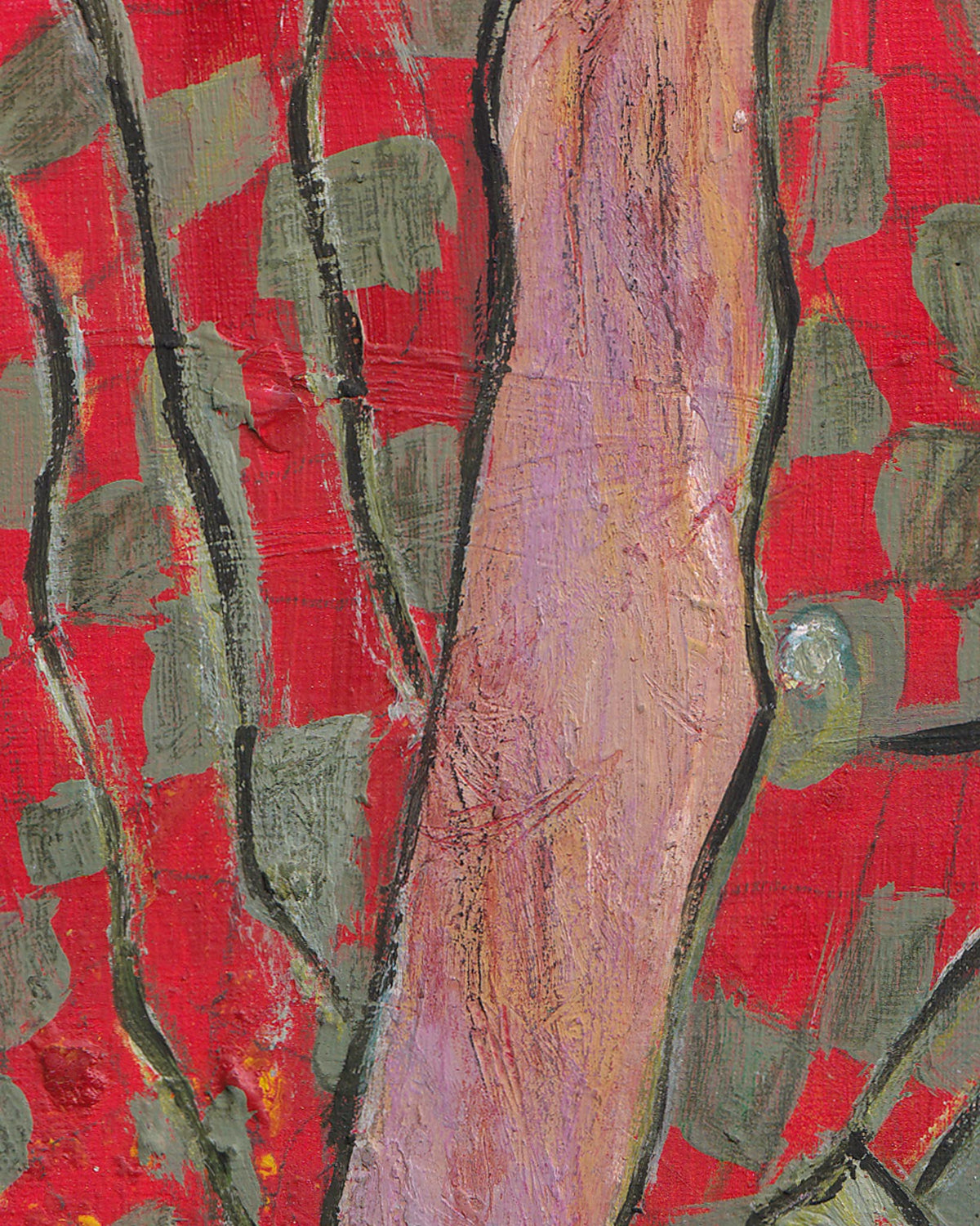 Abstract art with red, green, and brown colors on a textured surface
