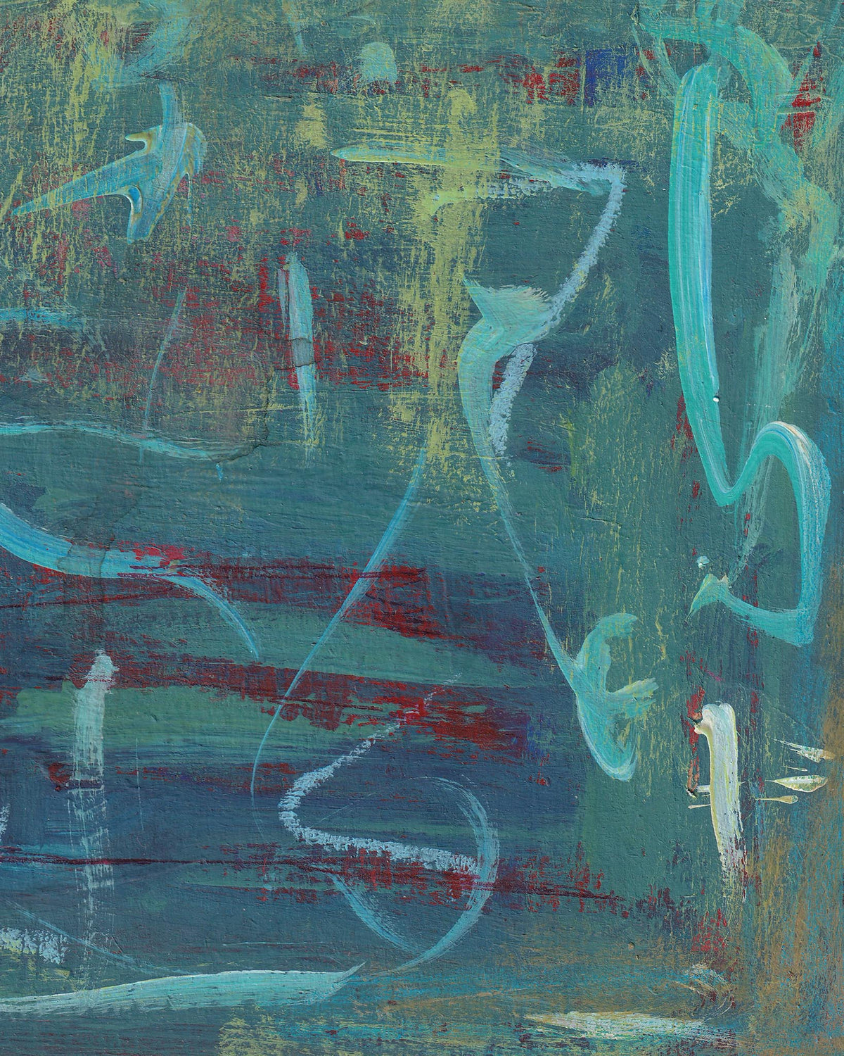 Abstract artwork with wavy lines in blue, green, and red on a textured background