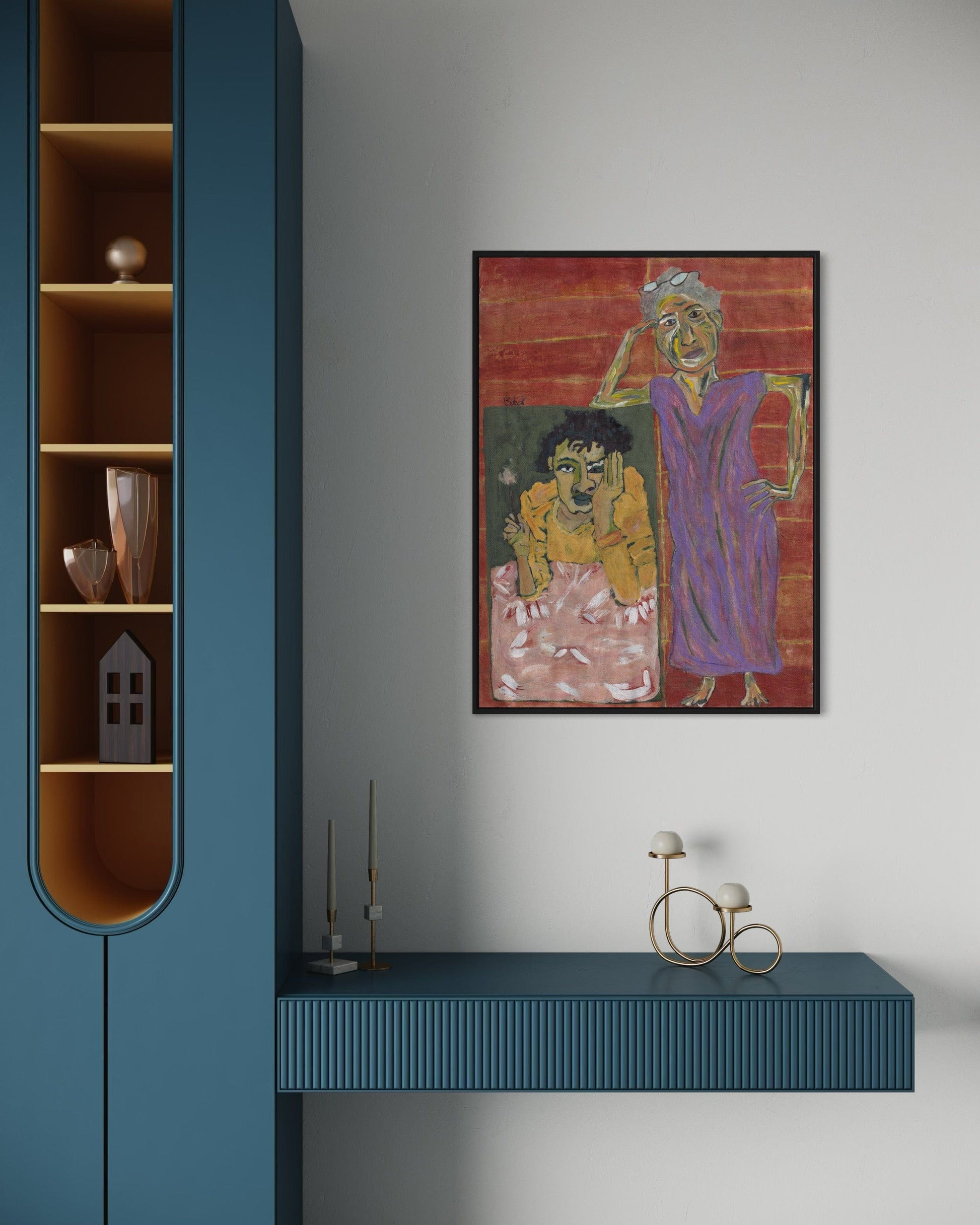 Modern interior with a blue wall unit, shelves, and a colorful abstract painting.