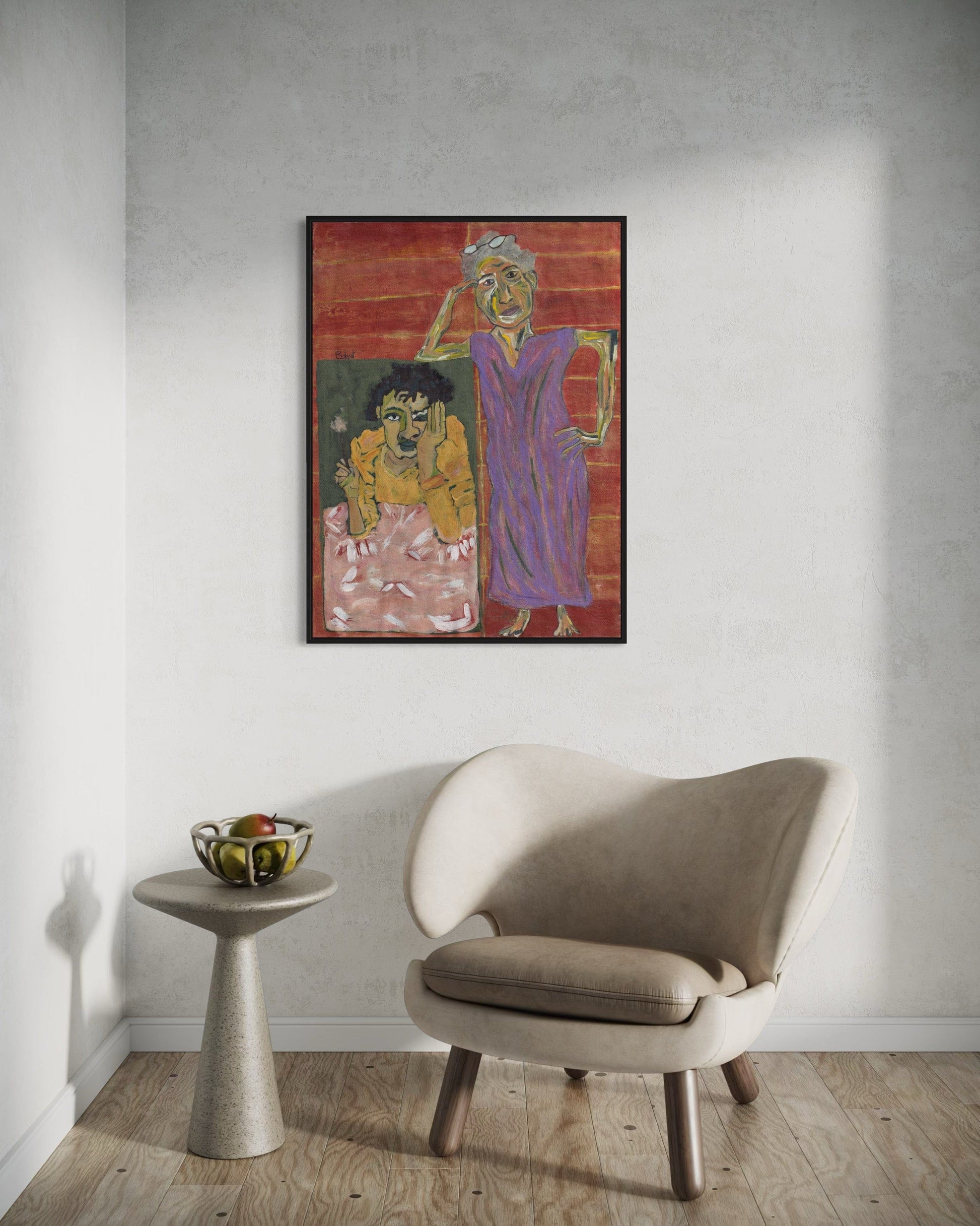 Colorful abstract painting on a wall above a beige chair and small table.