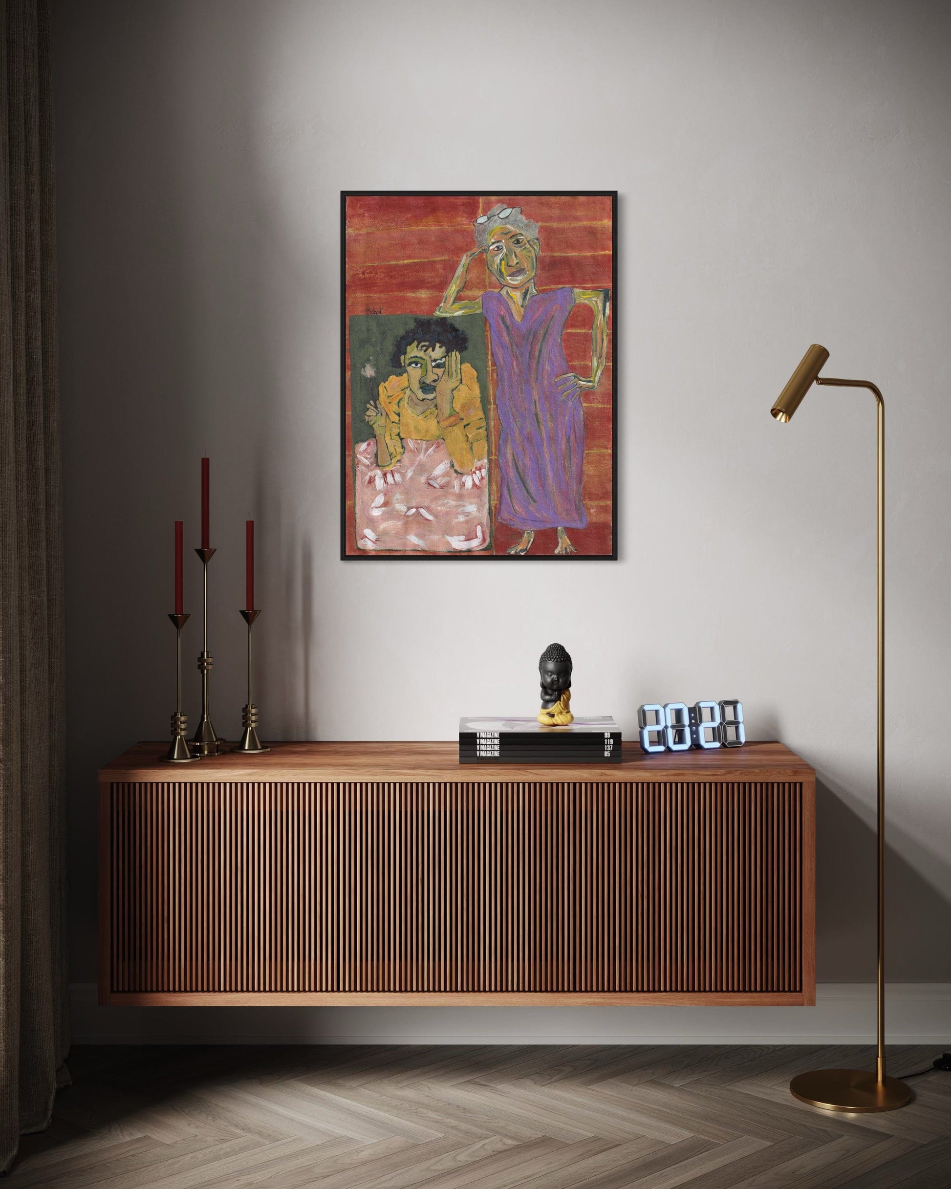 Wooden sideboard with decorative items and a painting on a wall in a room.