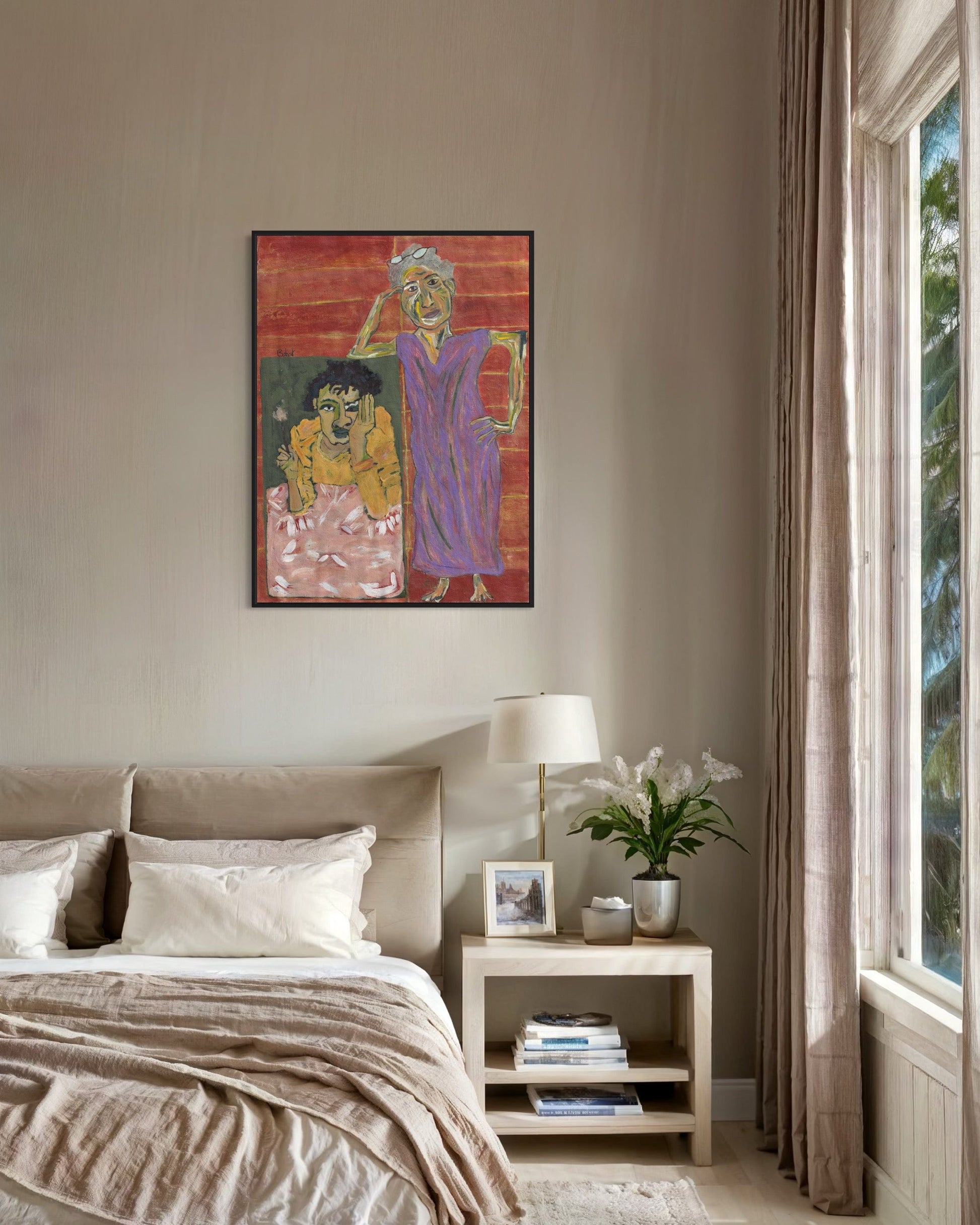 Bedroom with a colorful abstract painting on the wall, a bed with pillows, and a side table with a lamp and books.
